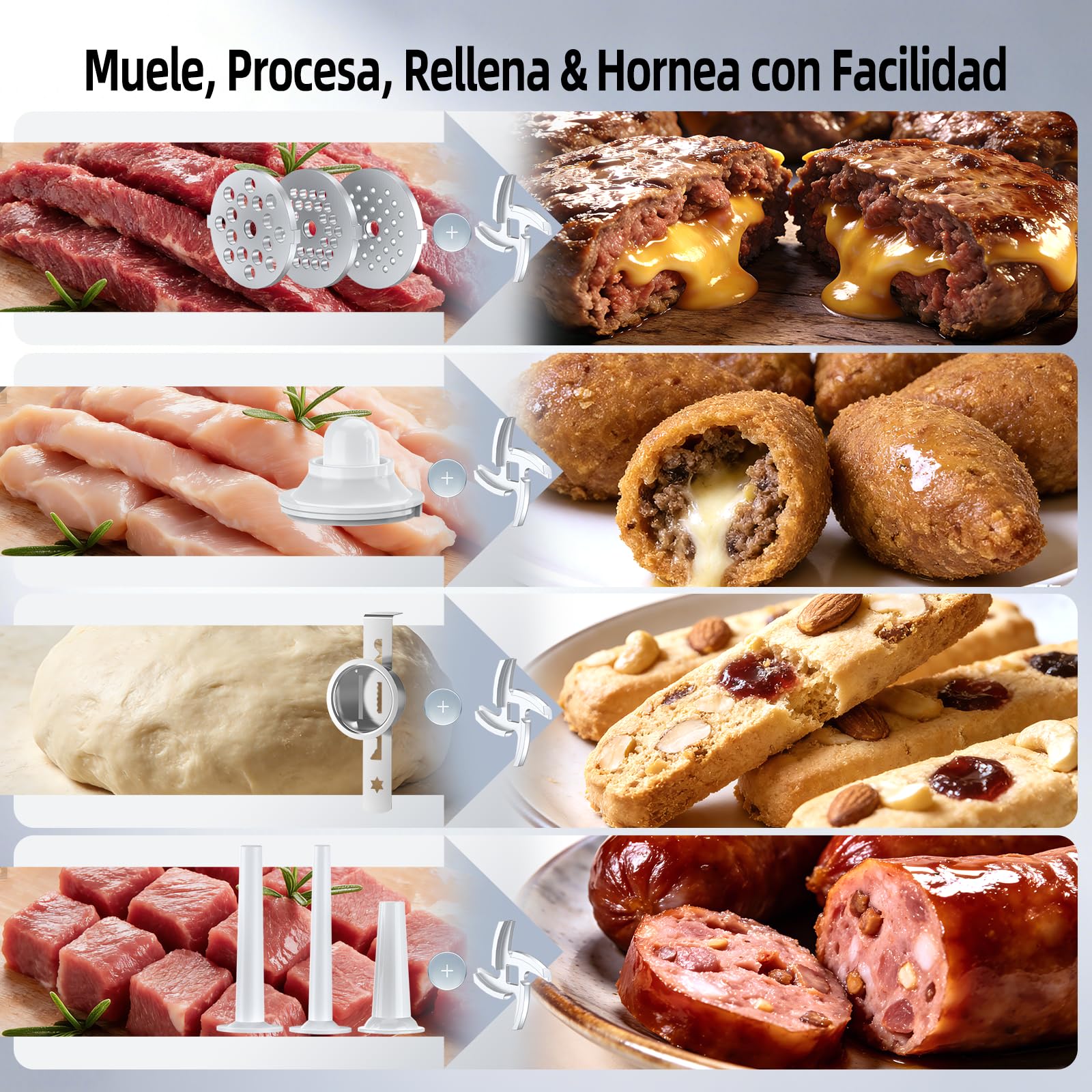 FIMEI Picadora de Carne Eléctrica, 4 en 1 Máquina Picadora Carne con 3 Placas, 2 Cuchillas, 3 Embutidores, Moule à kibbe, Accesorio Galletas, Función Inversa, Base de Acero Inoxidable y Antideslizante