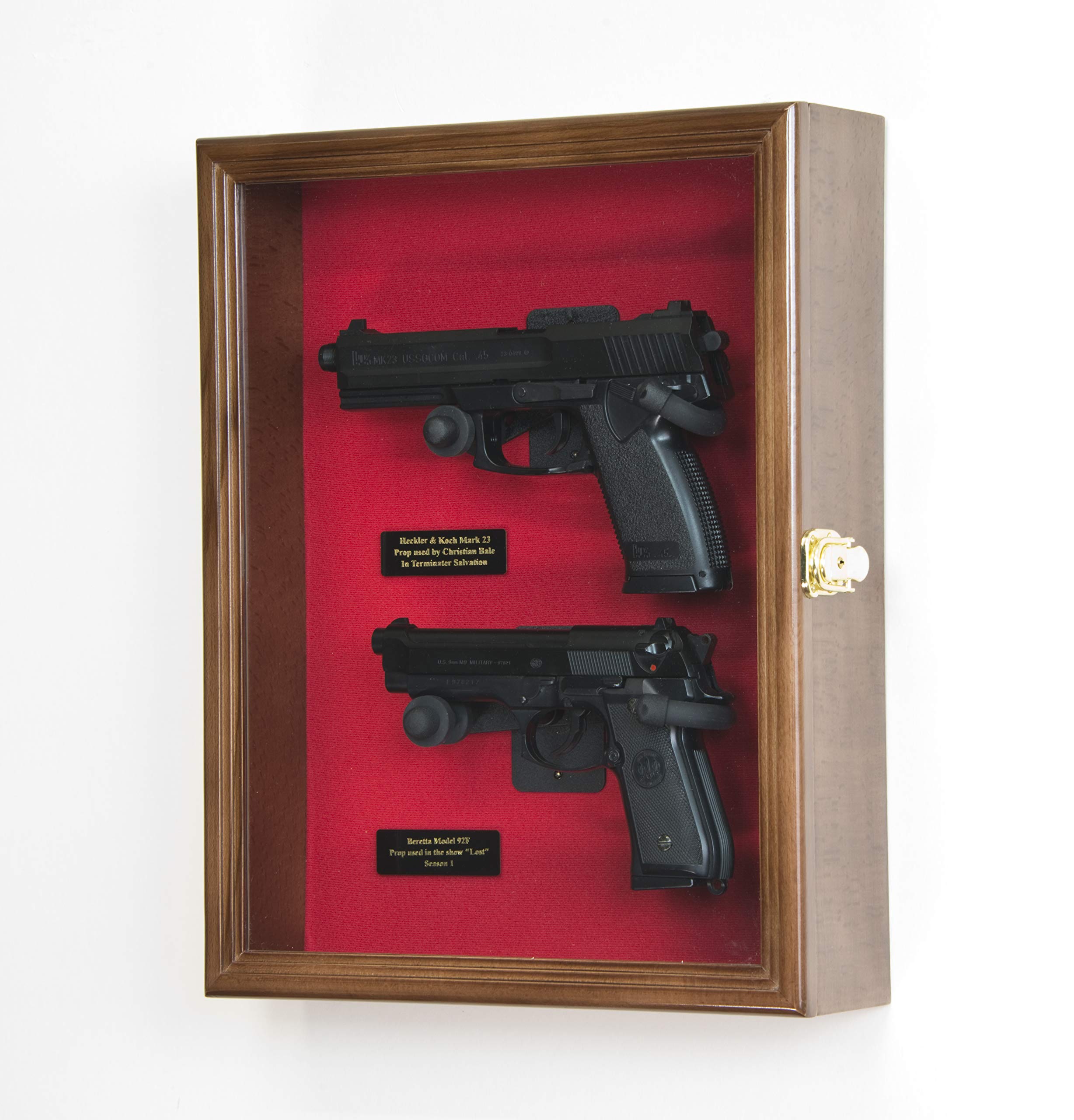 Large/Double 2 Pistol Handgun Revolver Gun Display Case Cabinet Rack Shadowbox (Walnut Finish, Red Background)