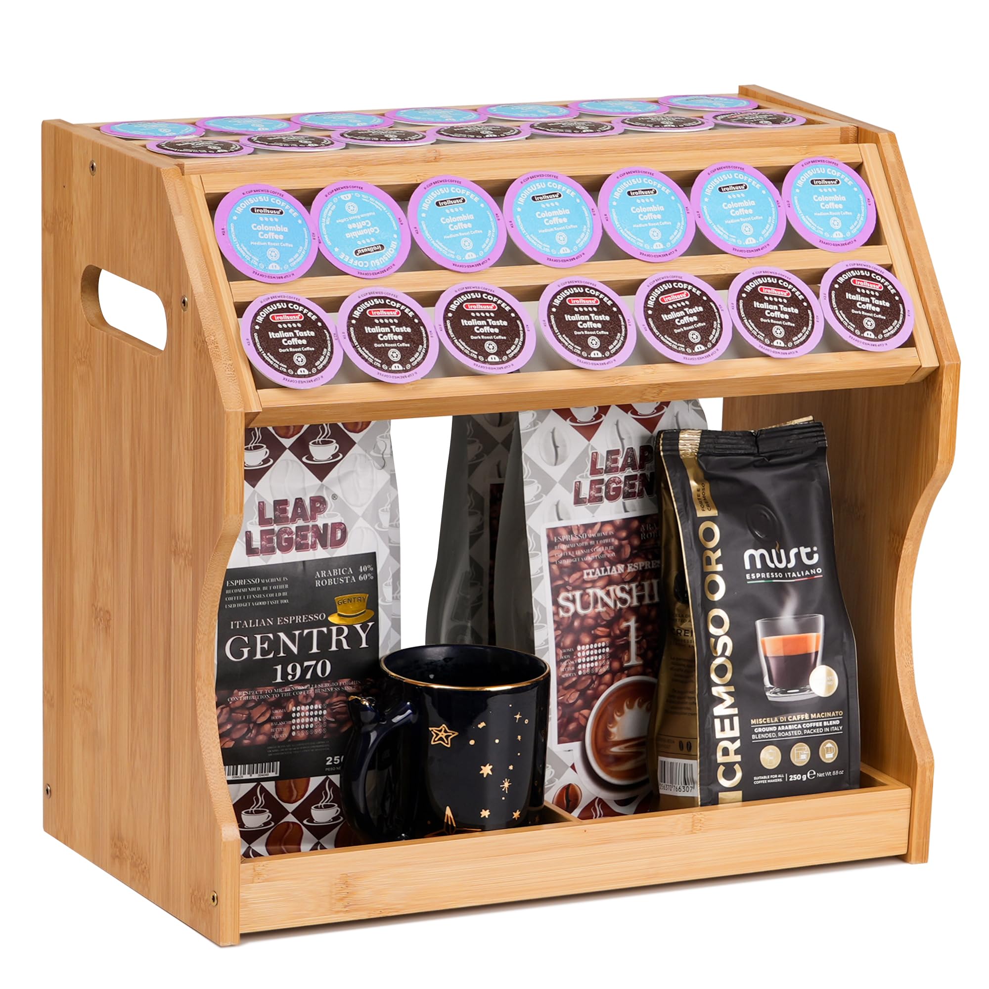 Thalomely 2-Tier K Cup Holder & Condiment Organizer, Bamboo Coffee Pod Organizer & Coffee Bar Accessory for Home or Office,Space-Saving Storage Rack