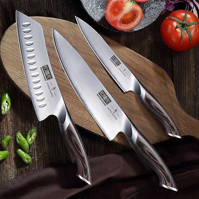 The HOSHANHO 3-Piece Professional Chef Knife Set is an unparalleled addition to any kitchen, combining versatility and precision to cater to both amateurs and seasoned chefs. This set comprises an 8-inch chef's knife, a 7-inch santoku knife, and a 6-inch utility knife, making it perfect for a wide range of culinary tasks. Whether you're chopping, slicing, dicing, or mincing meats, fruits, and vegetables, or using it for professional culinary endeavors, this knife set rises to every occasion with ease and efficiency.