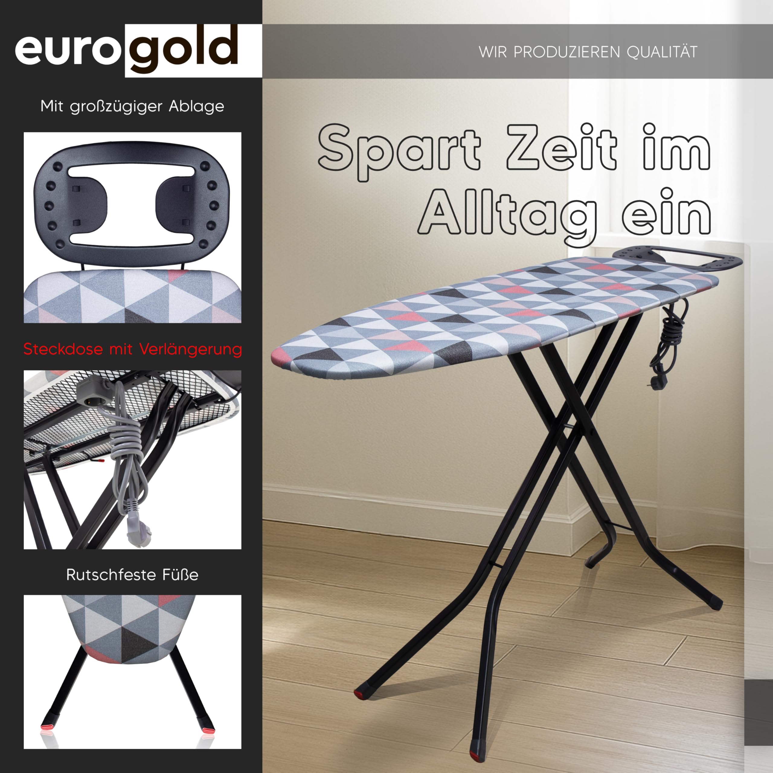 EUROGOLD® Bügelbrett mit Steckdose 120x42 cm, Nicht für Dampfbügelstation | Stabiler Bügeltisch höhenverstellbar, für zeitsparendes Bügeln, Ironing Board für Dampfbügeleisen, Made in Europe