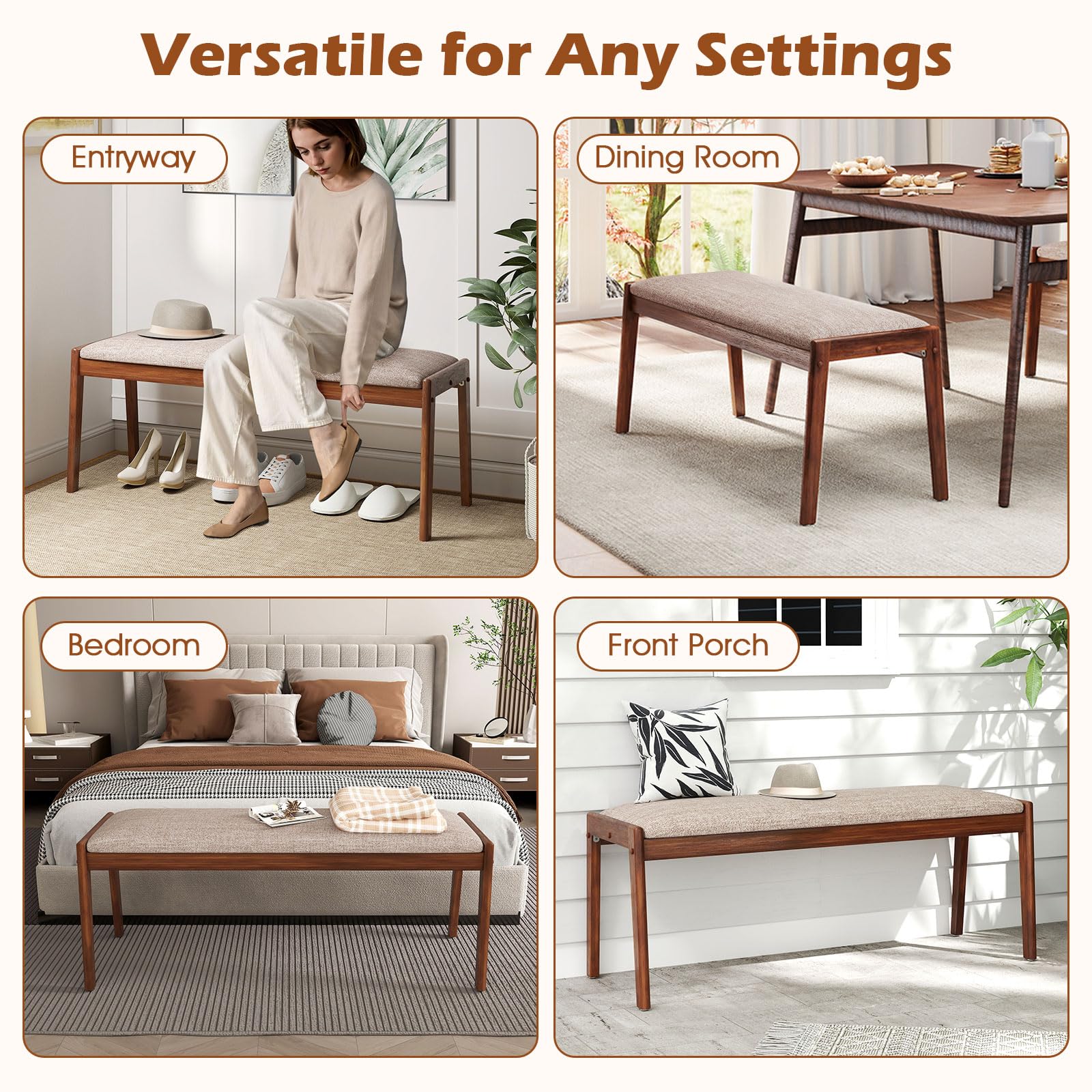 Giantex 45" Upholstered Entryway Bench with Rubber Wood Legs & Fabric Padded Seat, 400Lbs Capacity, Farmhouse Dining Bench for End of Bed, Hallway, Bedroom, Kitchen, Dining Room, Beige