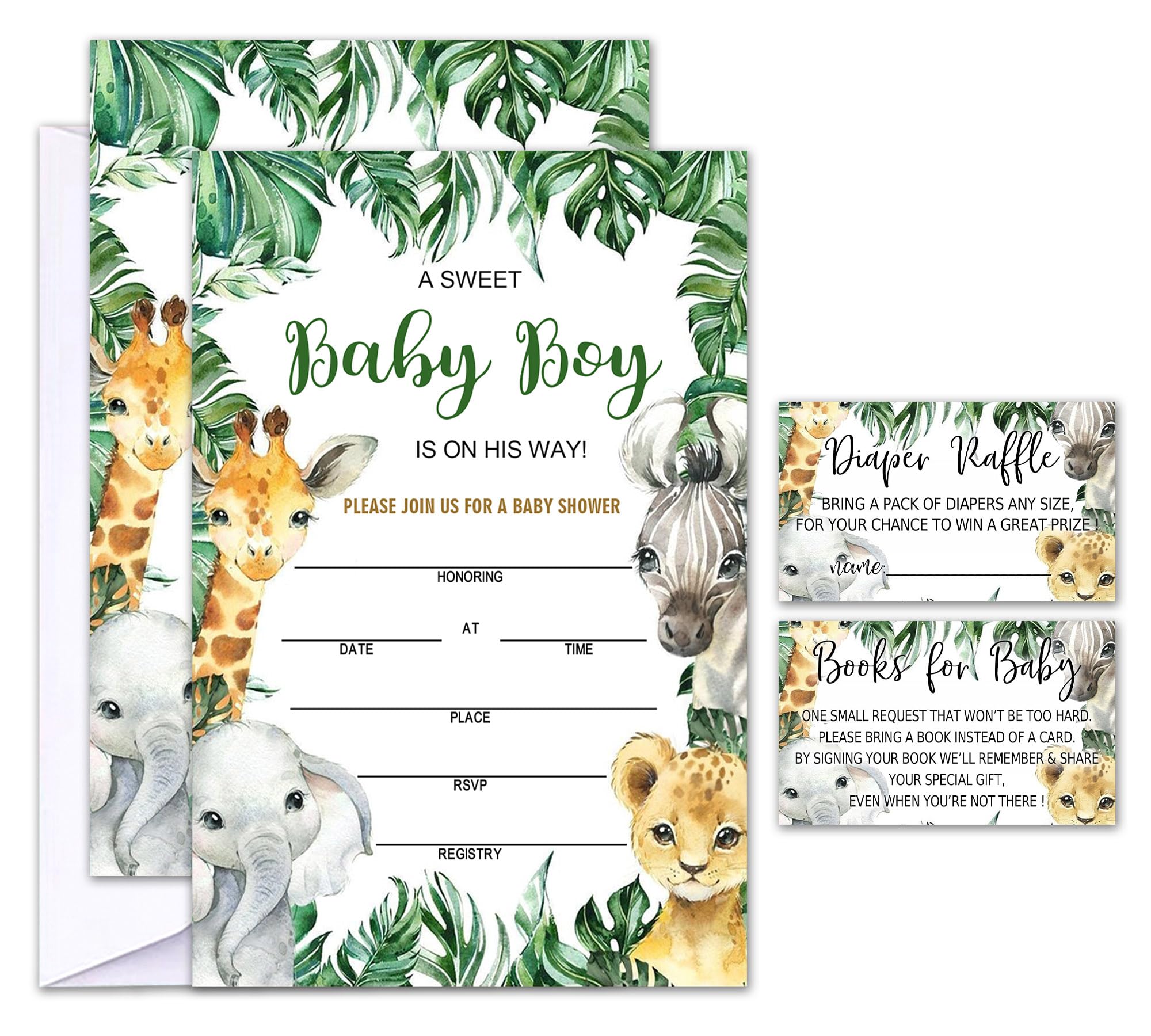 Geuro Set of 25 Baby Shower Invitations with Envelopes, Diaper Raffle Tickets and Baby Shower Book Request Cards, Jungle Animals 01