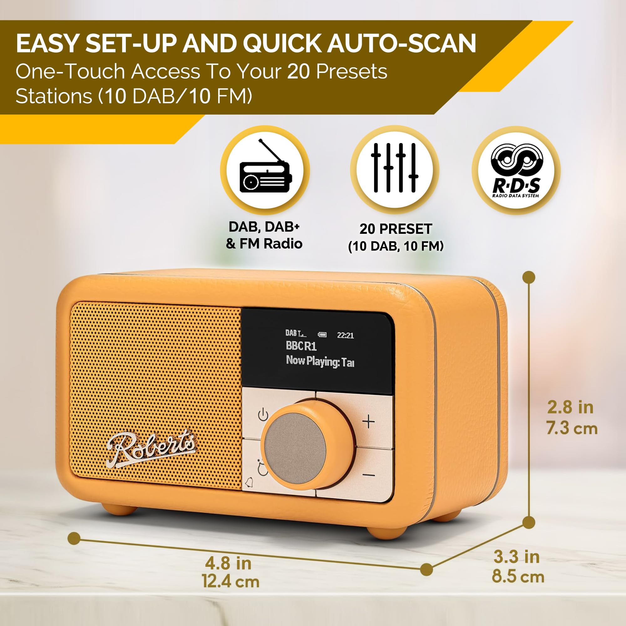 Roberts Revival PETITE2 - Radio Digital FM/Dab/Dab+ con Bluetooth, Color Amarillo Sunburst