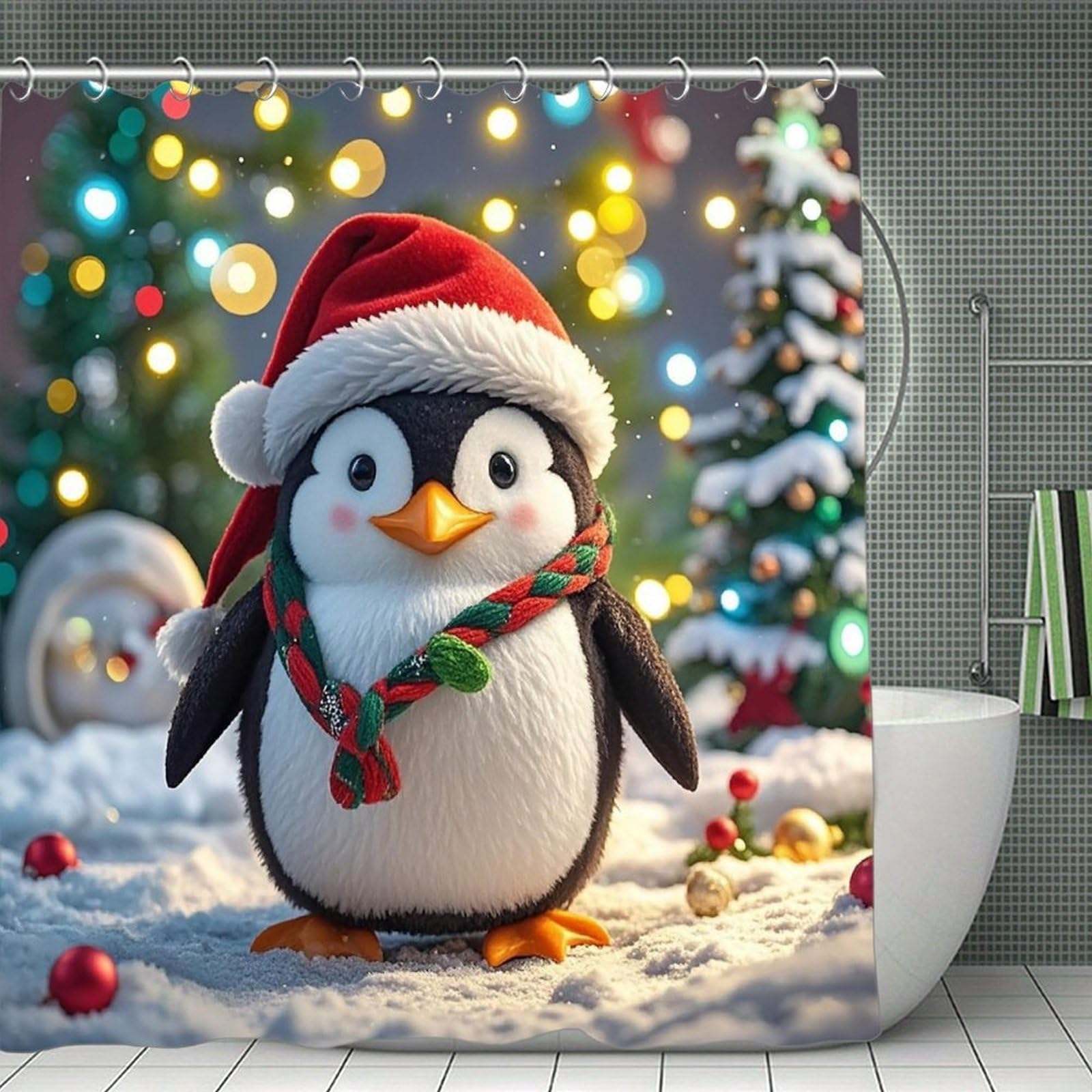 FekiLoot Christmas Funny Penguin Shower Curtain with Hooks Modern Farmhouse Bathroom Curtain Waterproof Cloth Bath Curtains Cute Washable Blackout Privacy Curtains for Bathroom Bathtub 70.8"x70.8"