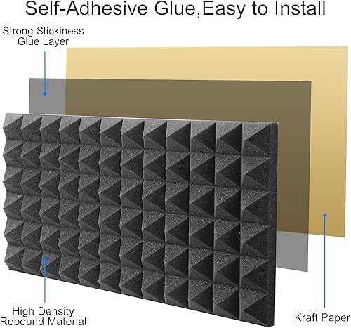Miniatura 8 de Facmogu Paquete de 6 paneles de espuma piramidal a prueba de sonido de 24 x 12 x 2 pulgadas, paneles de pared de espuma acústica de alta densidad