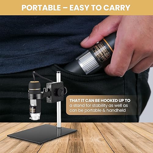 Miniatura 6 de Amscope UTP200X003MP Microscopio USB digital de 2 MP, aumento 10X-200X, fuente de luz LED incorporada, soporte de mesa, incluye CD de software, negro