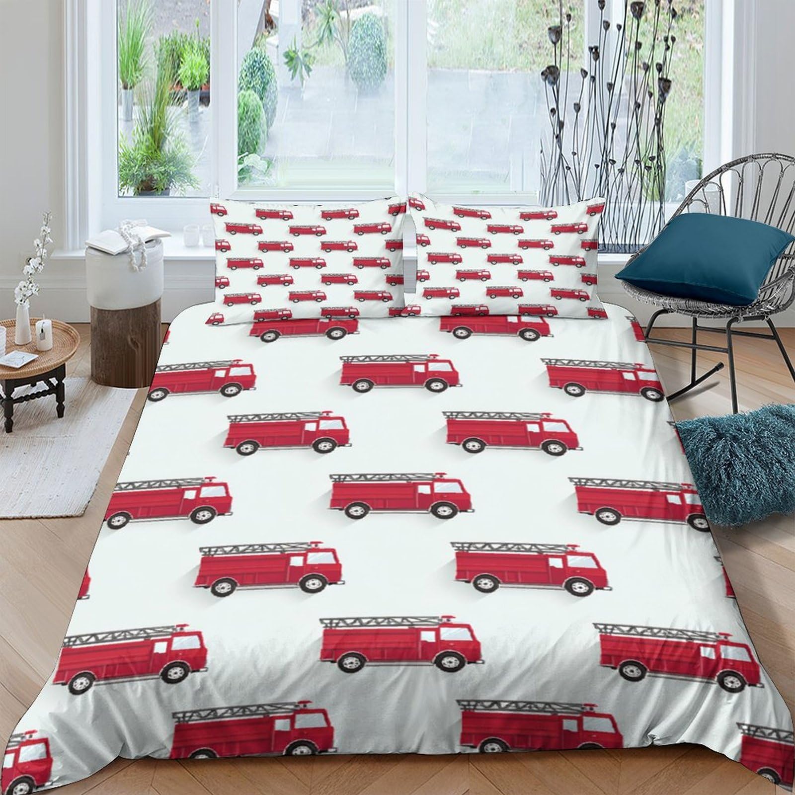 Ctjqhvkz Style-10 3D Printed Red Fire Truck Fitted Sheet Microfiber Anti-Slip Bed Sheet For Bedroom Dorm Mattress Protection Decor Single（135X200cm）