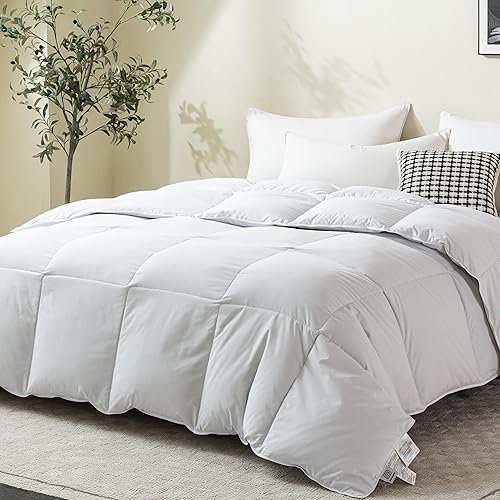 LESNNCIER Luxury Medium Warmth Feather Down Comforter King Size,Hotel Collection All Season Duvet Insert, Ultra Soft Down Proof Polycotton Cover with 8 Tabs（White,106"x90"）