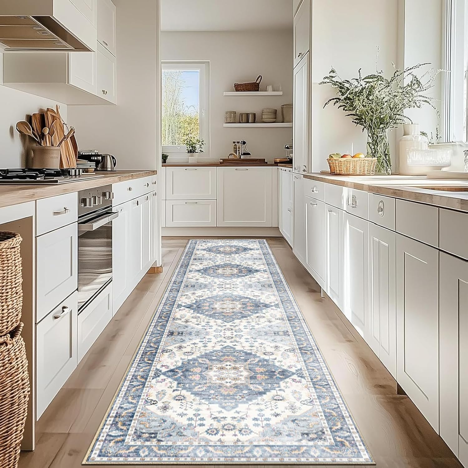 Enkor Runner Rugs for Hallway, 2.6x10.5 Washable Soft Non Slip Floor Rugs for Kitchen, Modern Mat for Living Room Bedroom Entryway Blue & White