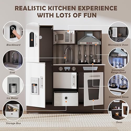 Miniatura 3 de JOYDIAS - Juego de cocina para niños, juego de cocina de madera con sonido y luz, horno, máquina de hielo, pizarra y caja de almacenamiento de