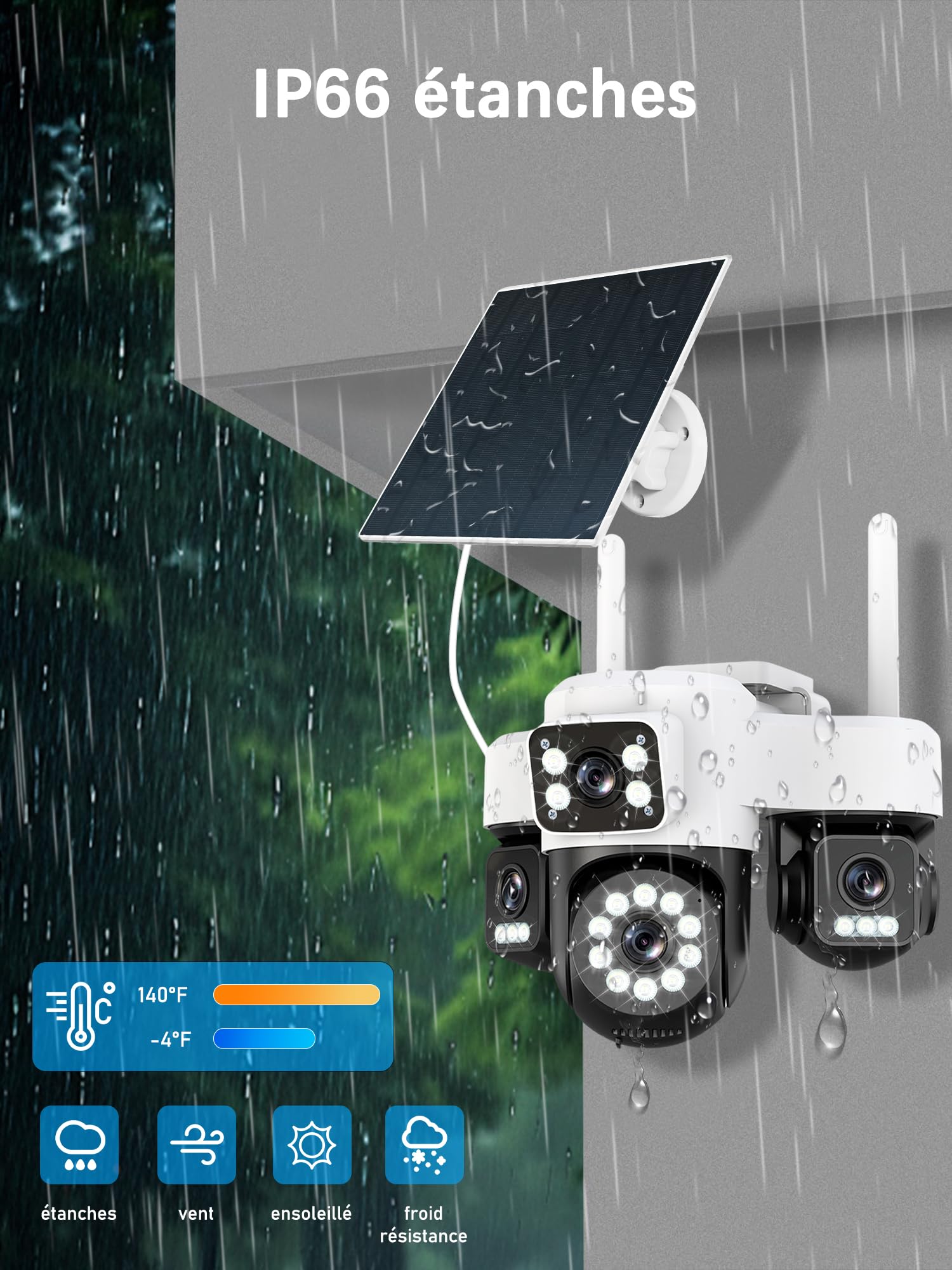 12MP Camera Surveillance WiFi Exterieure sans Fil,AOV 24/7,Quatre objectifs/Camera Solaire/Batterie,Suivi Automatique,360° PTZ,Vision Vocturne,Audio Bidirectionnel,PIR Sirène,étanche,2.4/5G WIFI,IP66