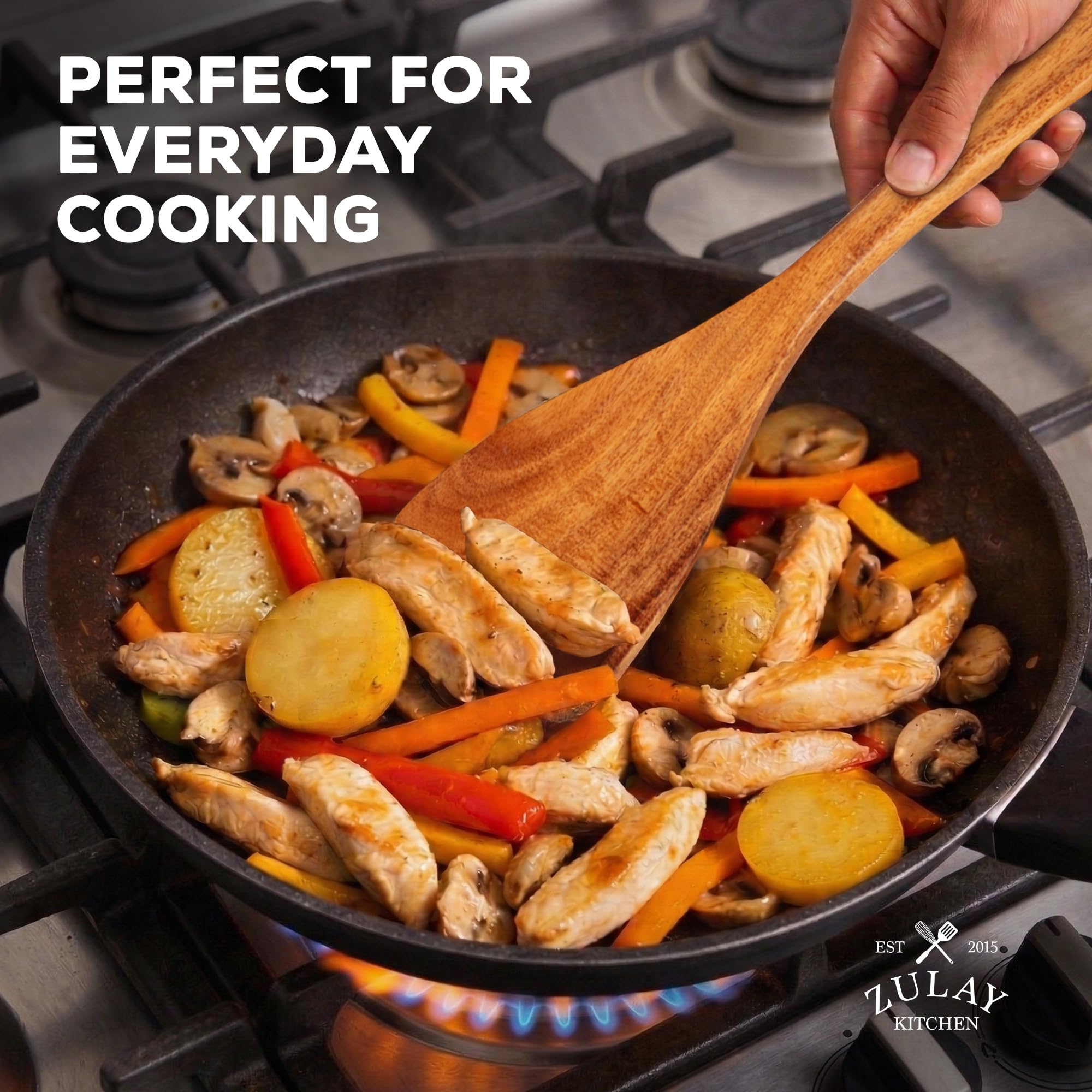 Zulay Kitchen Utensili da cucina in legno di teak naturale, 12 pezzi, con confezione regalo di alta qualità, cucchiai in legno antiaderenti per cucinare, set regalo da cucina, set di utensili in legno