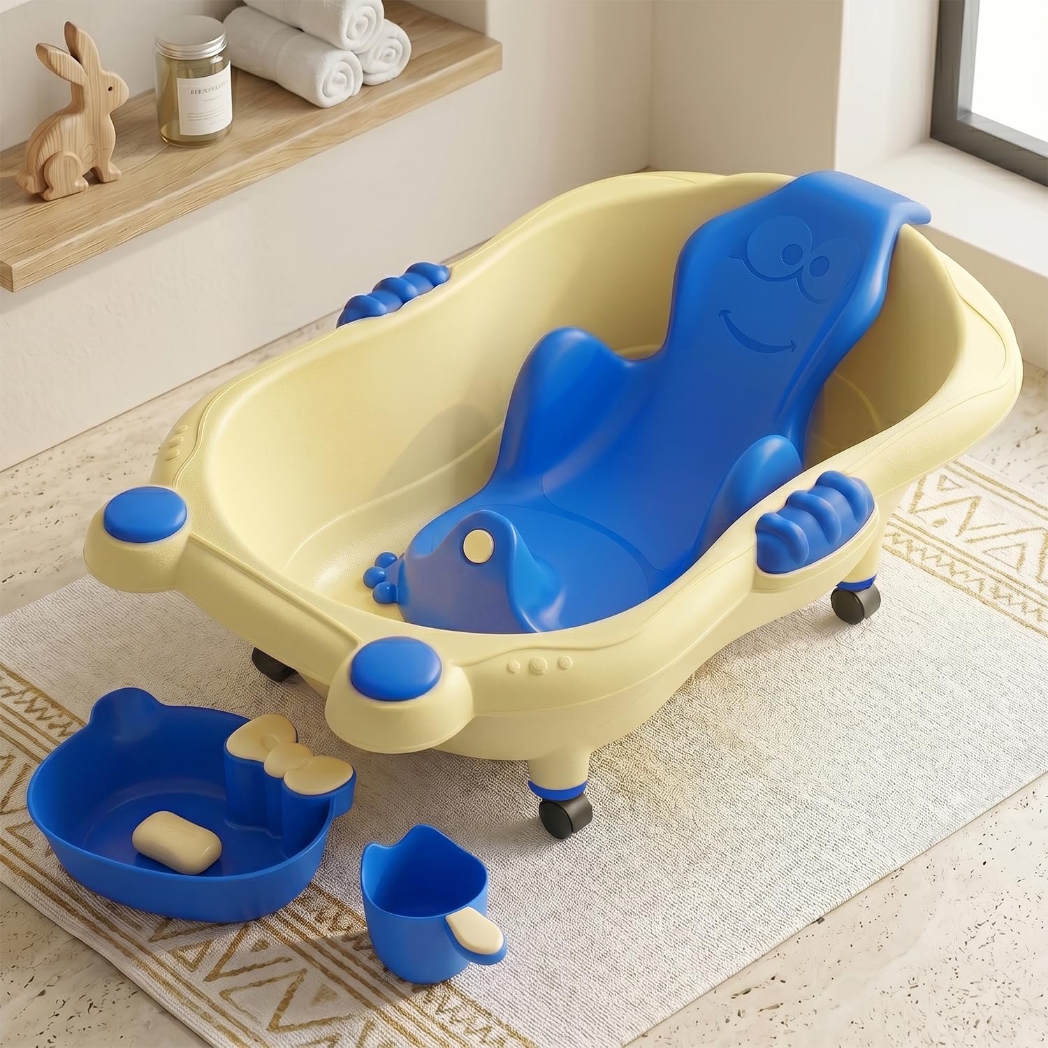 StarAndDaisy AquaNest Baby Bath Tub for Newborn to 5 Years with Ergonomic Baby Bather Seat, 360° Wheels, Bathing Tray & Mug, BPA-Free Kids Bathtub with Drain Plug & Rolling Base-image-22