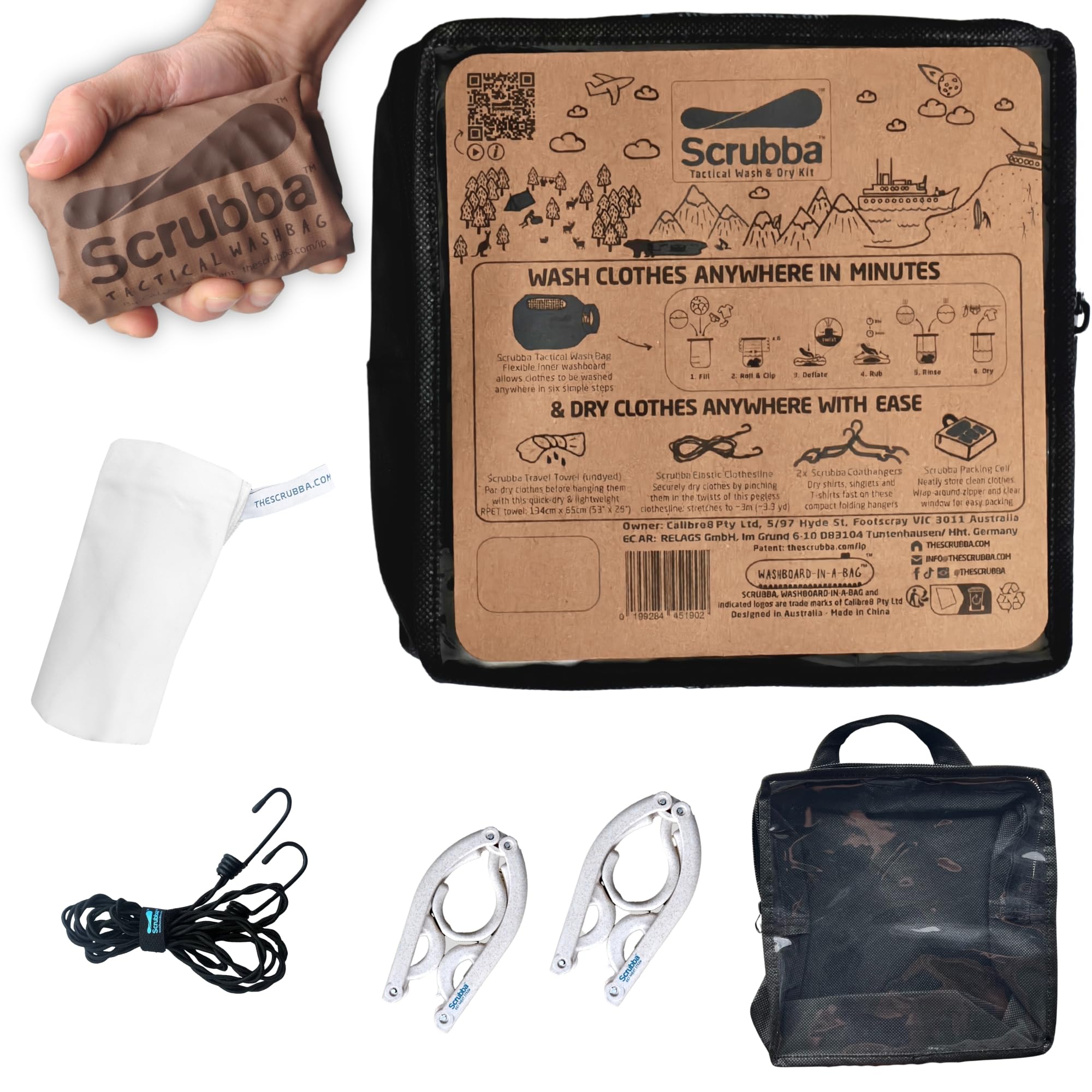 Scrubba TACTICAL Waschbeutel & Trocken-Set – Tragbares Waschsystem mit XL Handtuch, Wäscheleine & Haken – Für Camping, Hiking, Militär, Hostels & Hotels – Kompakt & robust – Waschlösung für unterwegs