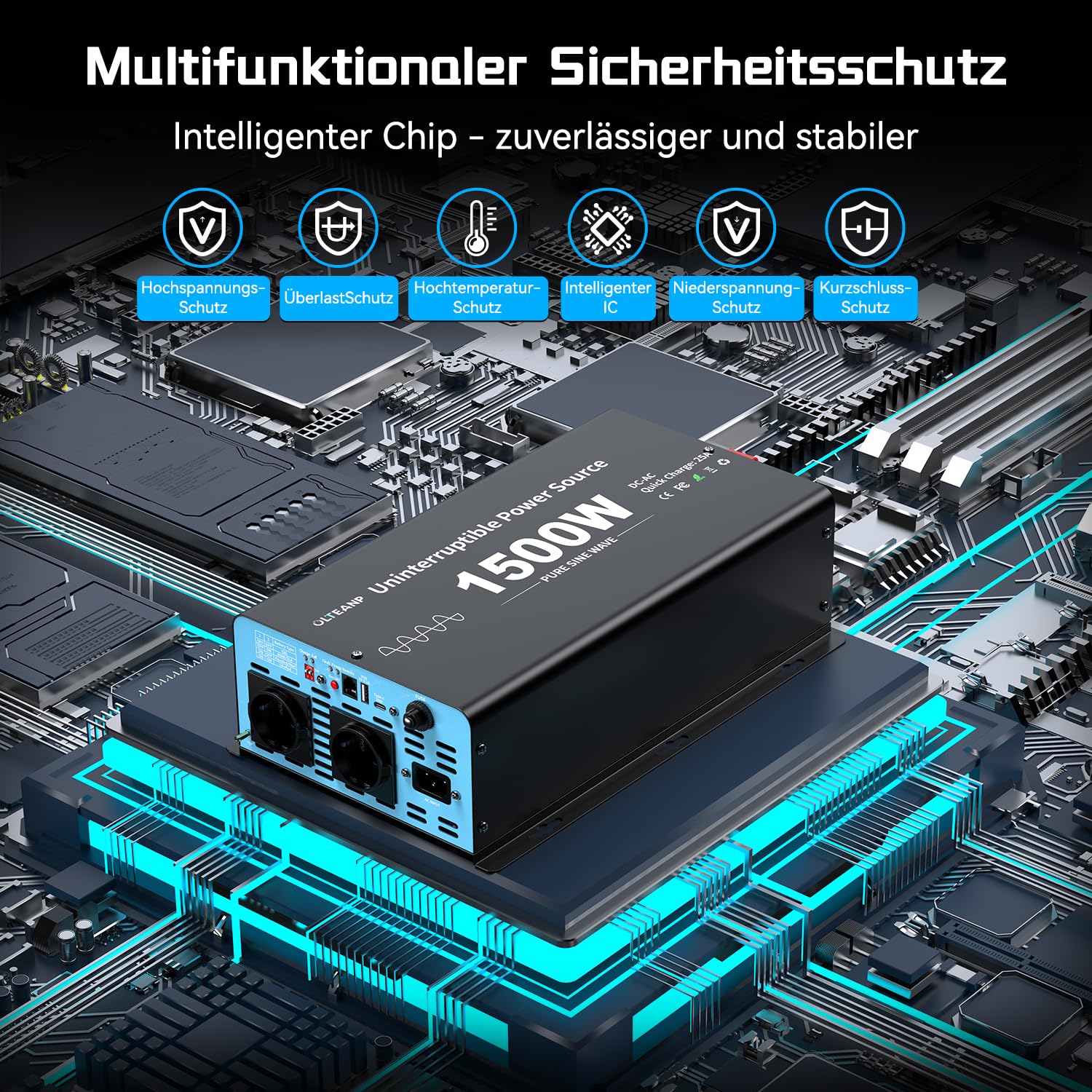 OLTEANP 1500W Wechselrichter12V auf 230V Reiner Sinus,Spannungswandler mit Netzvorrangschaltung und ladefunktion und USV Funktion,Fernbedienung mit LCD-Bildschirm, Automatische Umschaltung für Netz