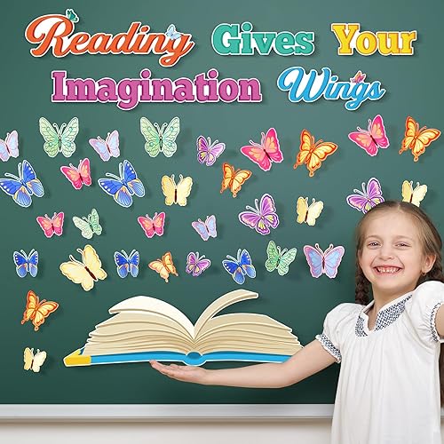 Miniatura 6 de Lincia Decoración de aula de lectura, juego de tablón de anuncios de lectura, tablero de anuncios de biblioteca, recortes de papel de mariposa