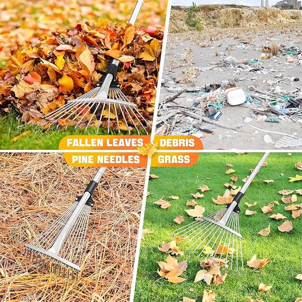 Adjustable Leaf Rake with 215 cm Handle, Adjustable Leaf Rake, Garden Rake with Handle for Leaves, Rake for Cleaning Plants, Lawn and Patio - 5