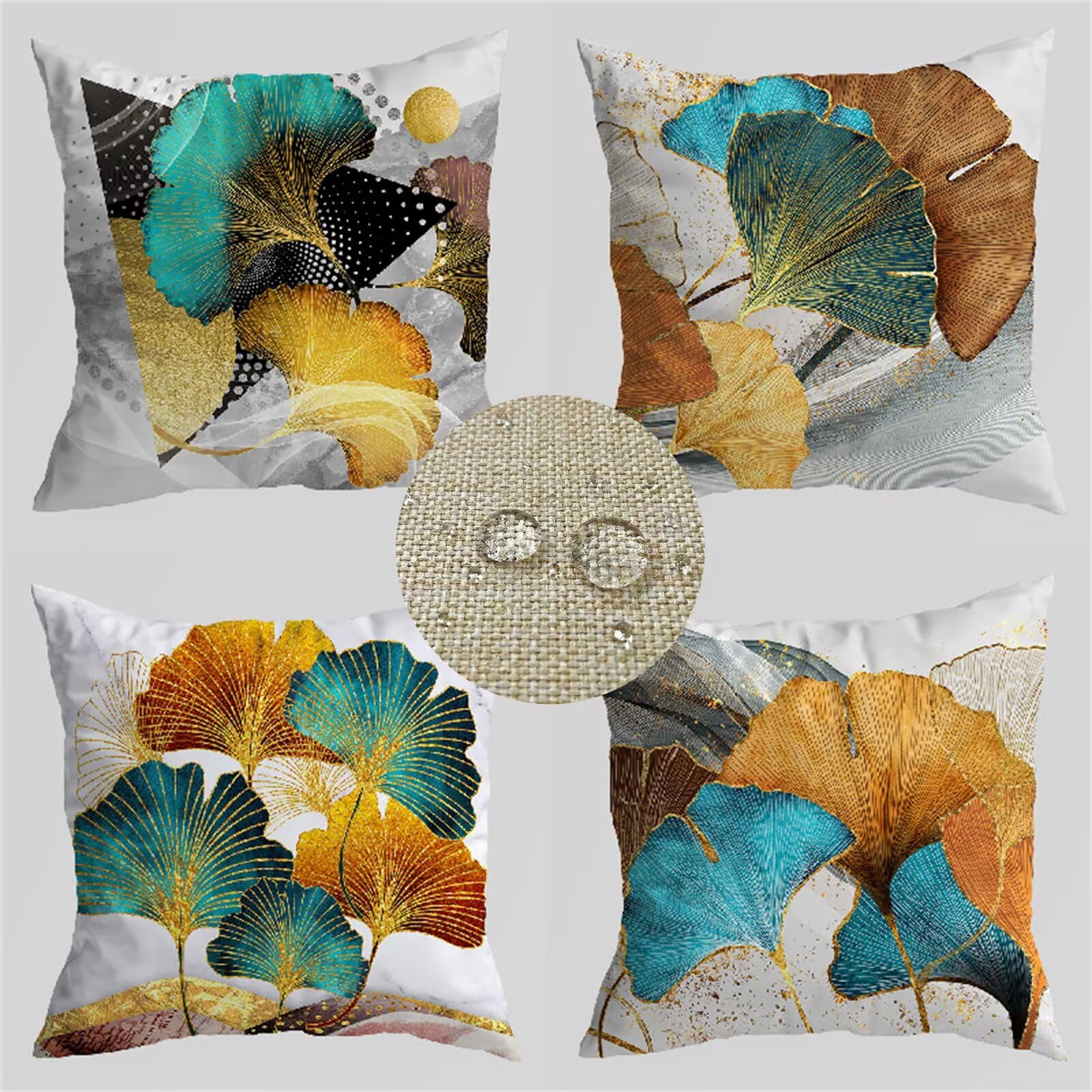 Housse de coussin imperméable 30x30 cm turquoise lot de 4 ginkgo biloba en lin pour canapé extérieur