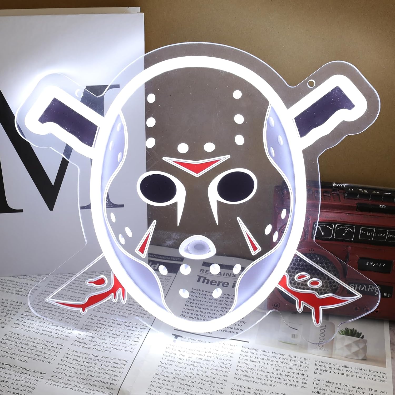 Horror Mask LED Neon Sign, Scary Slasher Jason Neon Light for Wall Decor, 12 * 10 Inches, USB Powered Neon Lamp for Halloween, Bar, Gaming Room, Man Cave, Horror Movie Room Decor