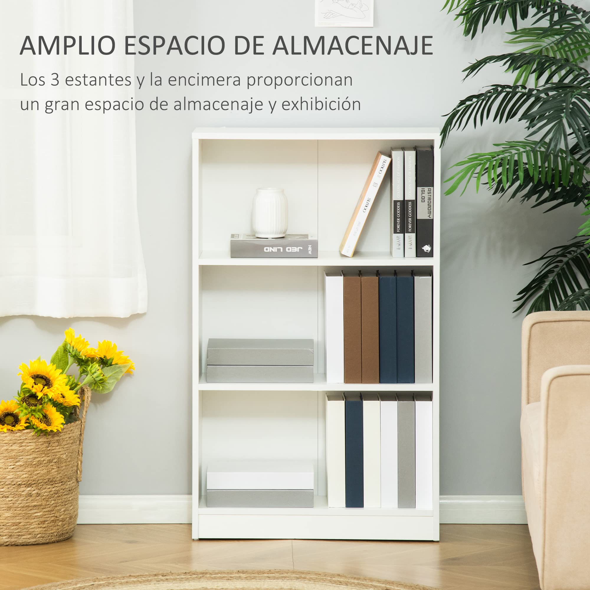 HOMCOM Estantería Librería con 3 Compartimentos 62,2x24x102,4 cm Blanco | Almacenaje, Libros CDs Plantas, Salón Estudio Dormitorio