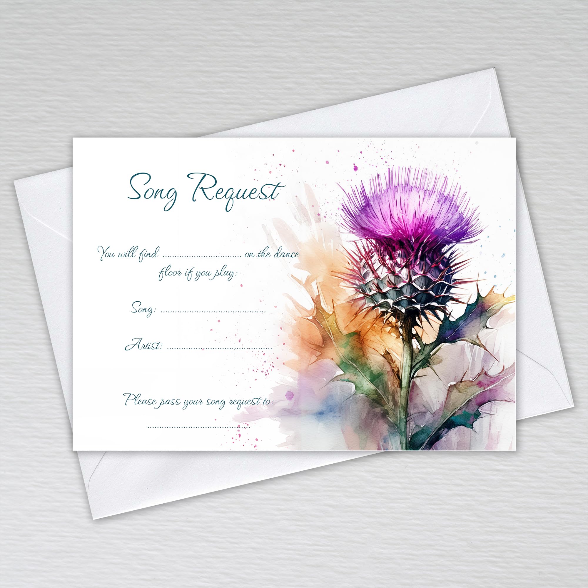 Webspectations Scottish Song Request Cards with Envelopes Scotland Flower Theme: Scottish Thistle DJ Song Request Cards (Pack of 50 with Envelopes)