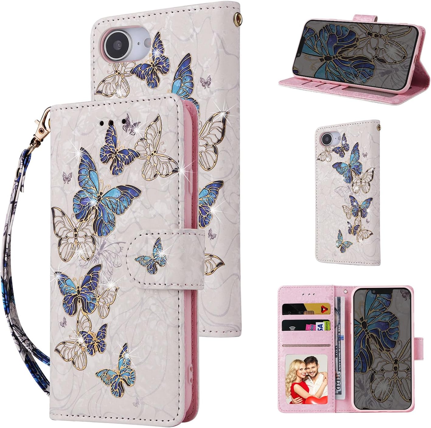 UEEBAI Wallet Case for iPhone 16e, PU Leather Phone Cover Kickstand RFID Blocking Flip Case Card Slots Wrist Strap Relief Engraved Pattern Magnetic Closure Flower Folio Wallet, Blue Butterfly
