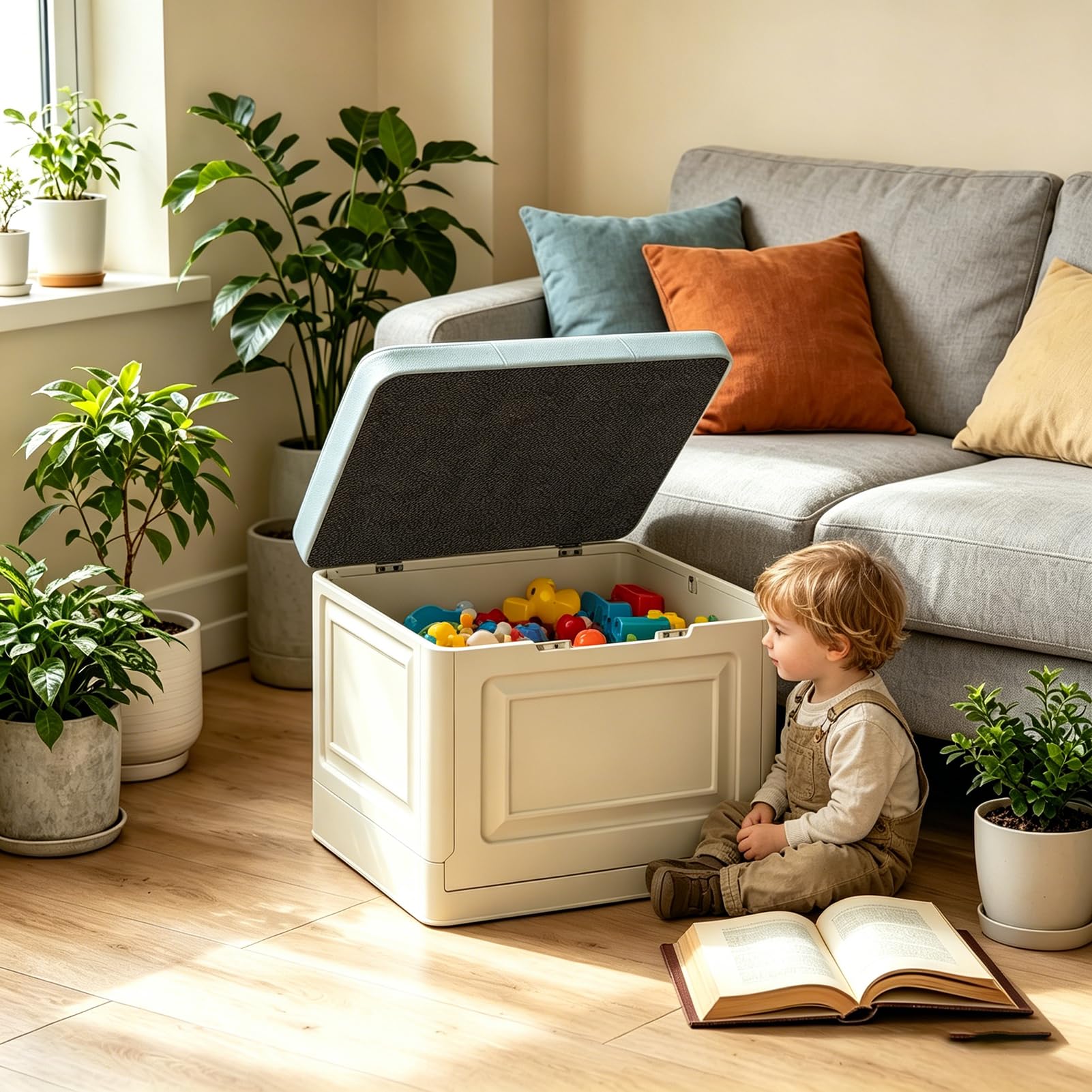 Sitzbank mit Stauraum – Aufbewahrungsbox, Sitzbank klappbar, pflegeleicht, Faltbare Aufbewahrungsbox mit Deckel, bis 200 kg belastbar, für Flur, Wohnzimmer, Schlafzimmer (Light Gray, 80cm)