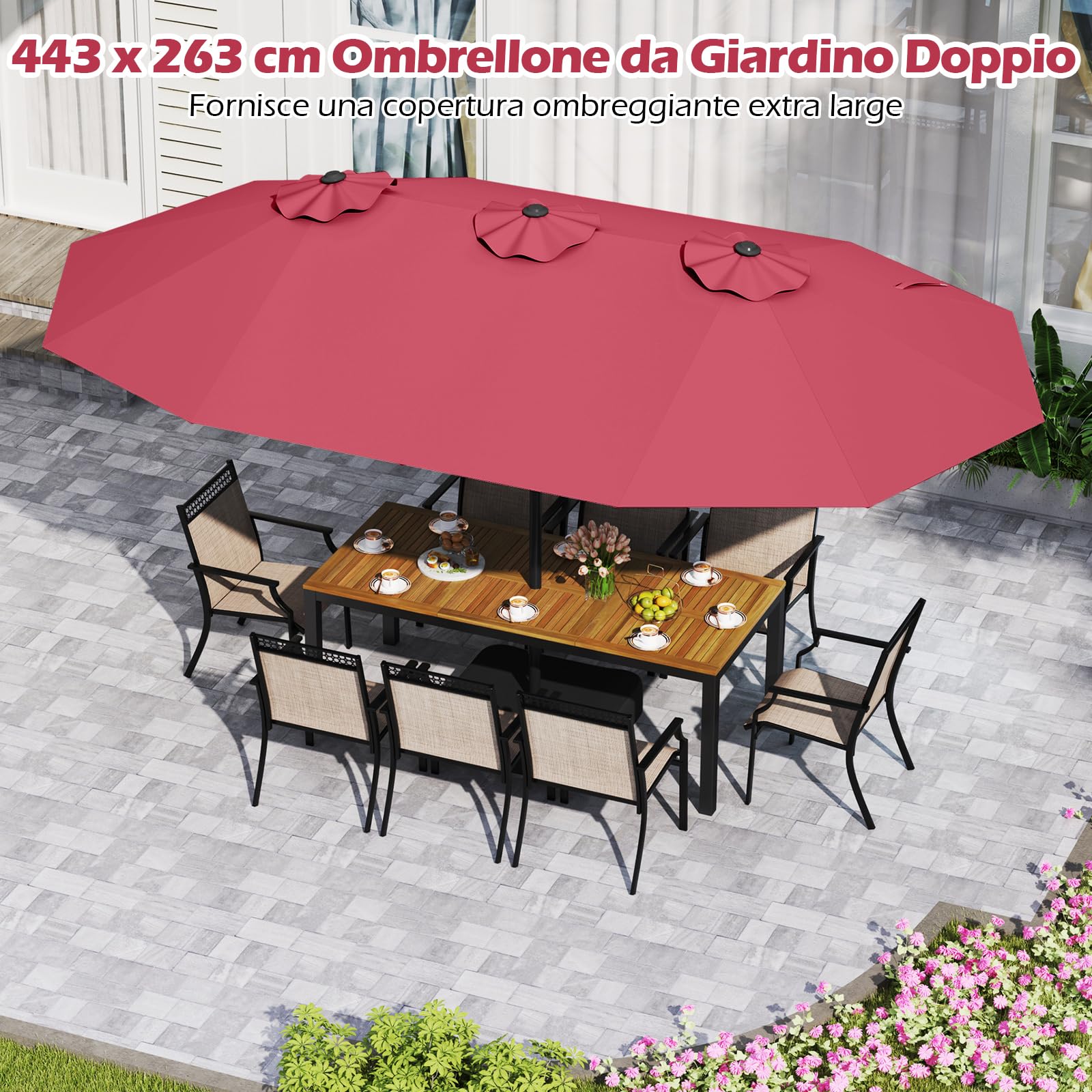 COSTWAY Ombrellone Doppio Rettangolare 443 x 263 cm con Sistema a Manovella, Base e 12 Costole, per Giardino e Cortile (Rosso)