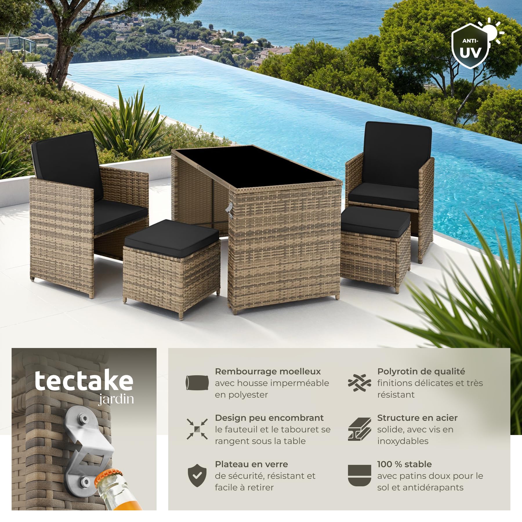 Salon De Jardin En Poly Rotin Et Aluminium - Ensemble 12 Personnes Avec Table, Fauteuils, Poufs Et Coussins - Pour Terrasse, Balcon, Véranda