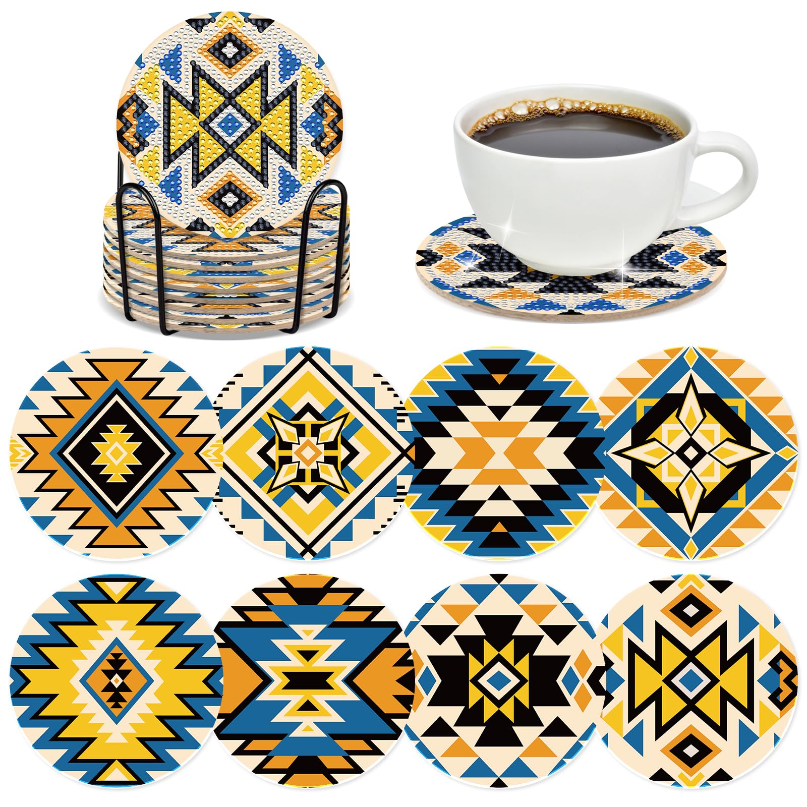 INCOK Aztec Diamond Art Coasters - 8 PCS DIY American Native Diamond Painting Coasters Kits for Drinks Coffee Abstract Boho Indian Art Craft Supplies