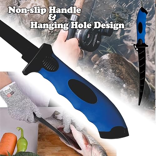 Miniatura 6 de Cuchillo de filete de pescado, juego de cuchillos profesionales de filete de pesca de 7 pulgadas, hoja de acero inoxidable con revestimiento