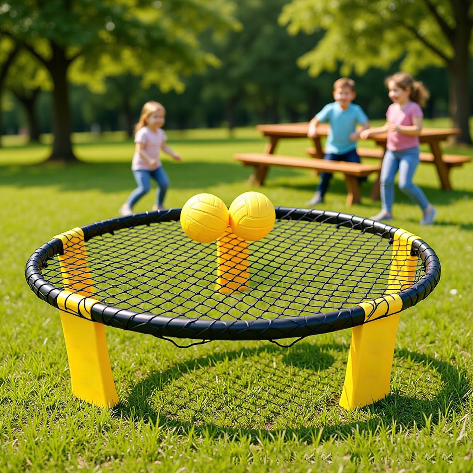 Profi Roundnet Set für Draußen Stabiles Outdoor Spieleset für Garten und Strand Tragbares Ballspiel für Erwachsene und Kinder inklusive Netz 2 Bälle Pumpe und Tasche Gelb