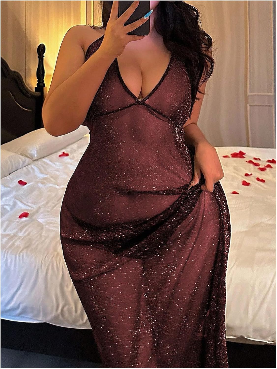 OYOANGLE Women's Plus Size One Piece Lingerie Sheer Dress Sparkly Deep V Neck Backless Halter Long Nightdress