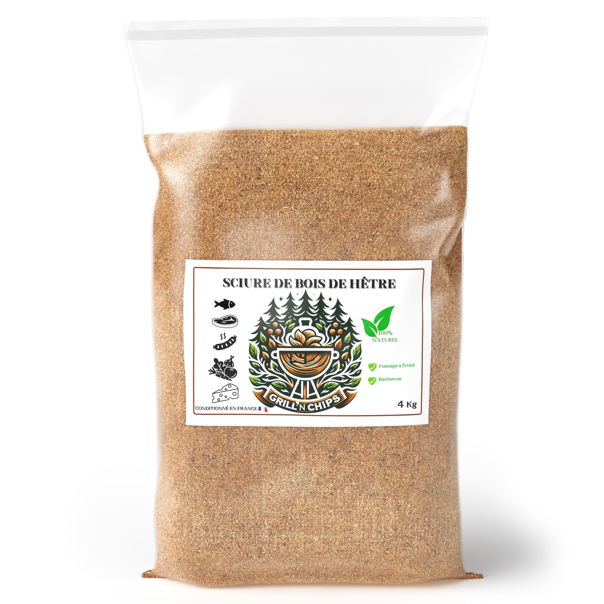 GRILL'N CHIPS® Segatura di faggio, per affumicatore, 4 kg, legno di fumo a freddo | 100% naturale. Ideale per pesce, carne, formaggio. Granulometria 0,5-1 mm. Confezionato in Francia. Guida PDF per scaricare