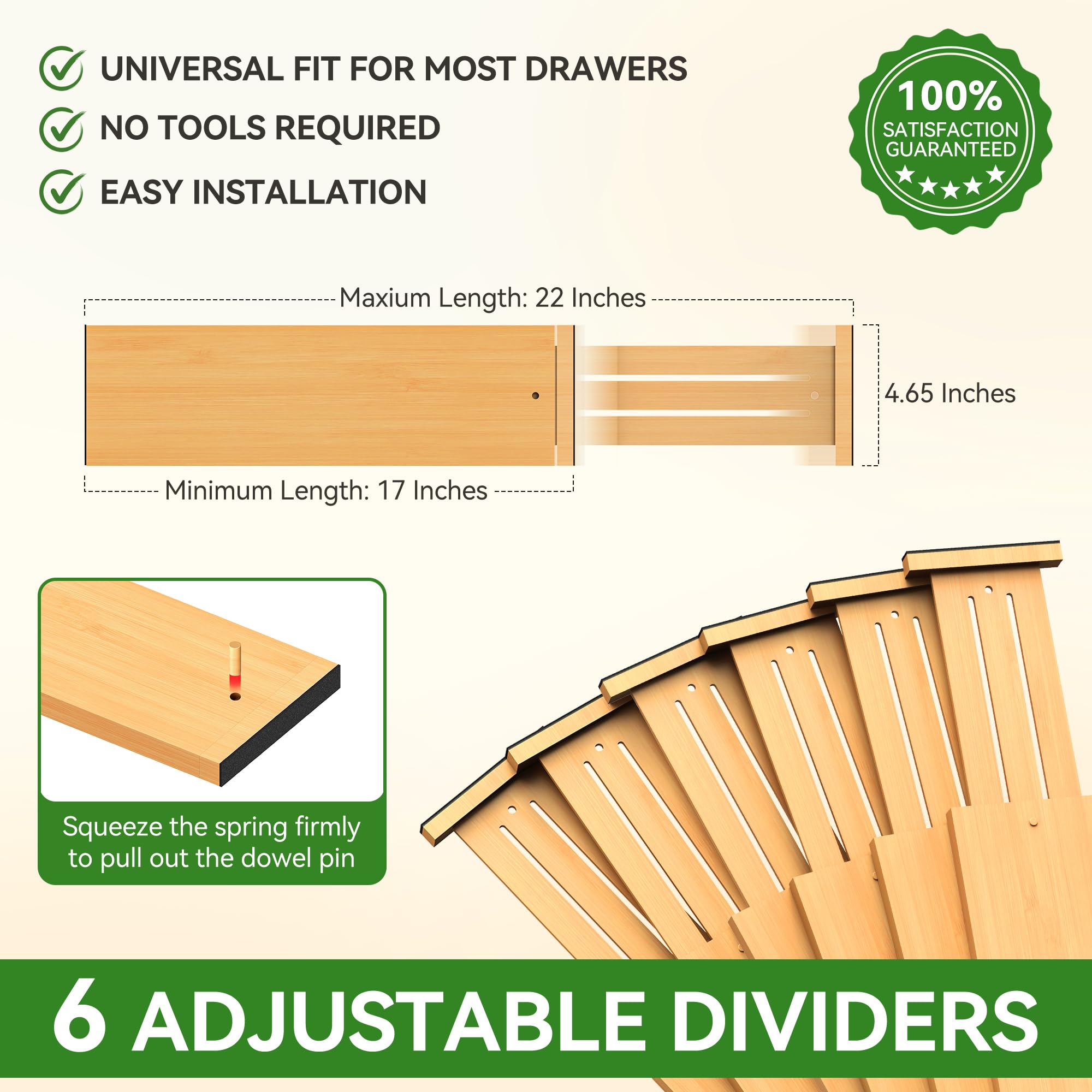 Schubladenteiler aus Bambus, 11,8 cm hoch, verstellbar von 43,2 cm bis 55,9 cm, Schubladen-Organizer, erweiterbare Schubladentrenner aus Holz für Kleidung, Schlafzimmer, Kommode, Büro, 6 Stück (Beige)