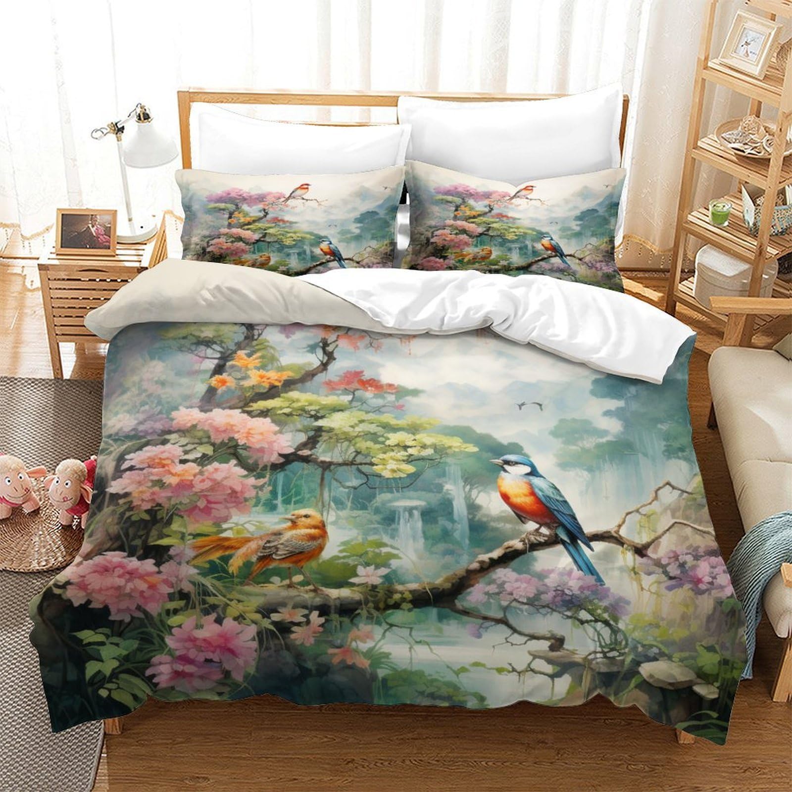 Yyvkpmlxc Girls Style-1 Bird - Flower Landscape 3D Duvet Cover,Natural Tranquil Bedding Set Soft Microfiber Quilt Covers 3Pcs, Comforter Cover With Zipper Closure For Boys Children Bedroom Decor Single（140X200cm）