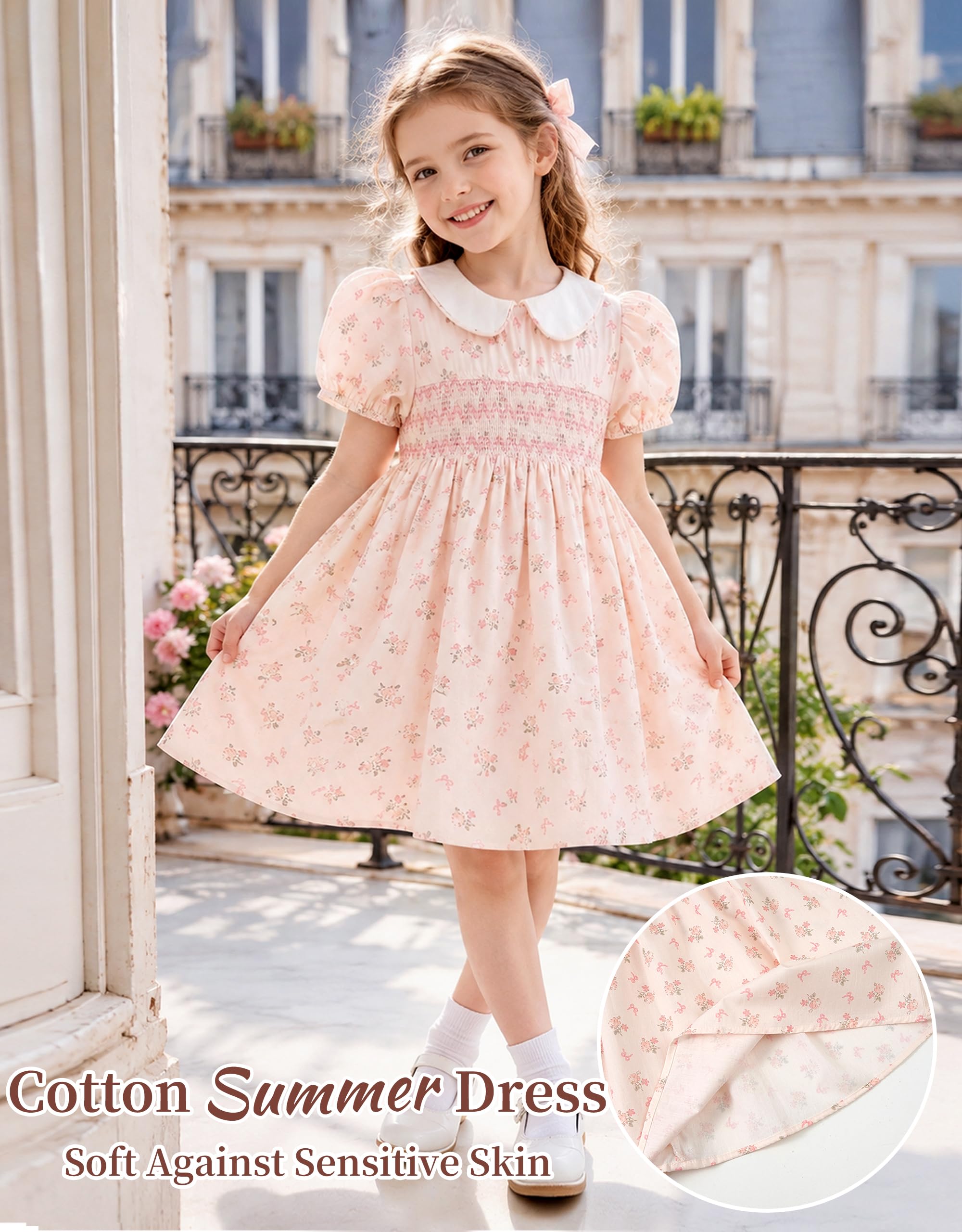 Miipat Robe à Fleurs Smockée Coton pour Petite Filles, Élégante Vintage Décontractée à Manches Bouffantes Princesse Été Robes Enfant