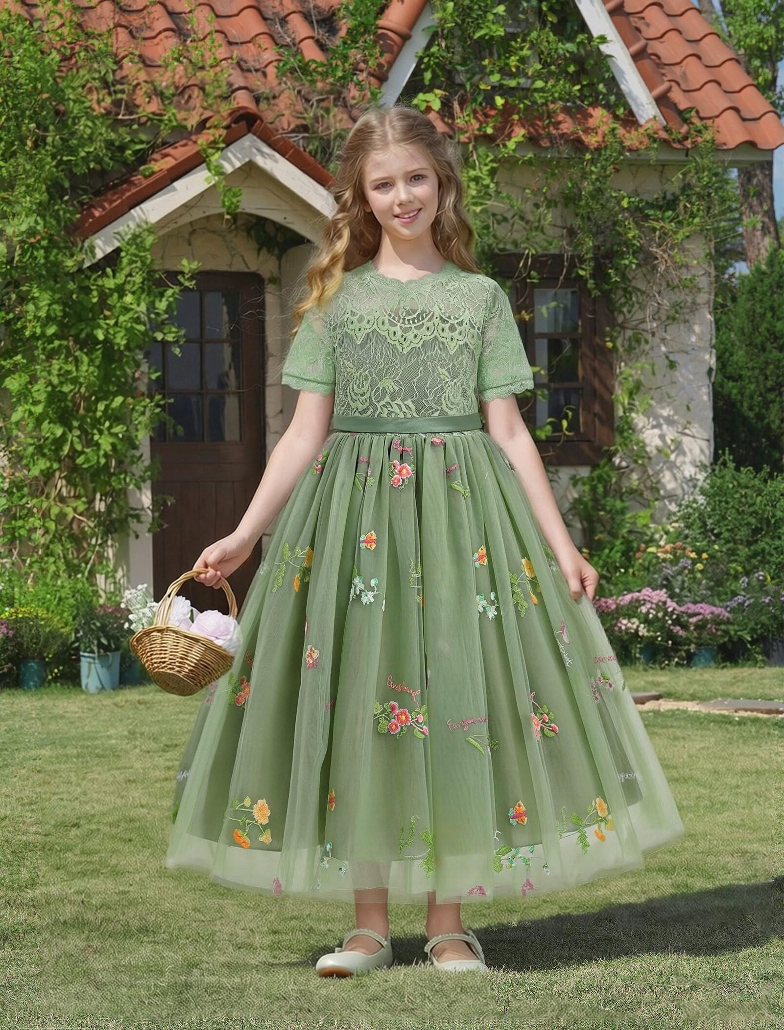 Abito da bambina in pizzo, a maniche corte, girocollo, in tulle, da principessa, per compleanno, damigella d'onore, matrimonio, festa, cerimonia, prima comunione