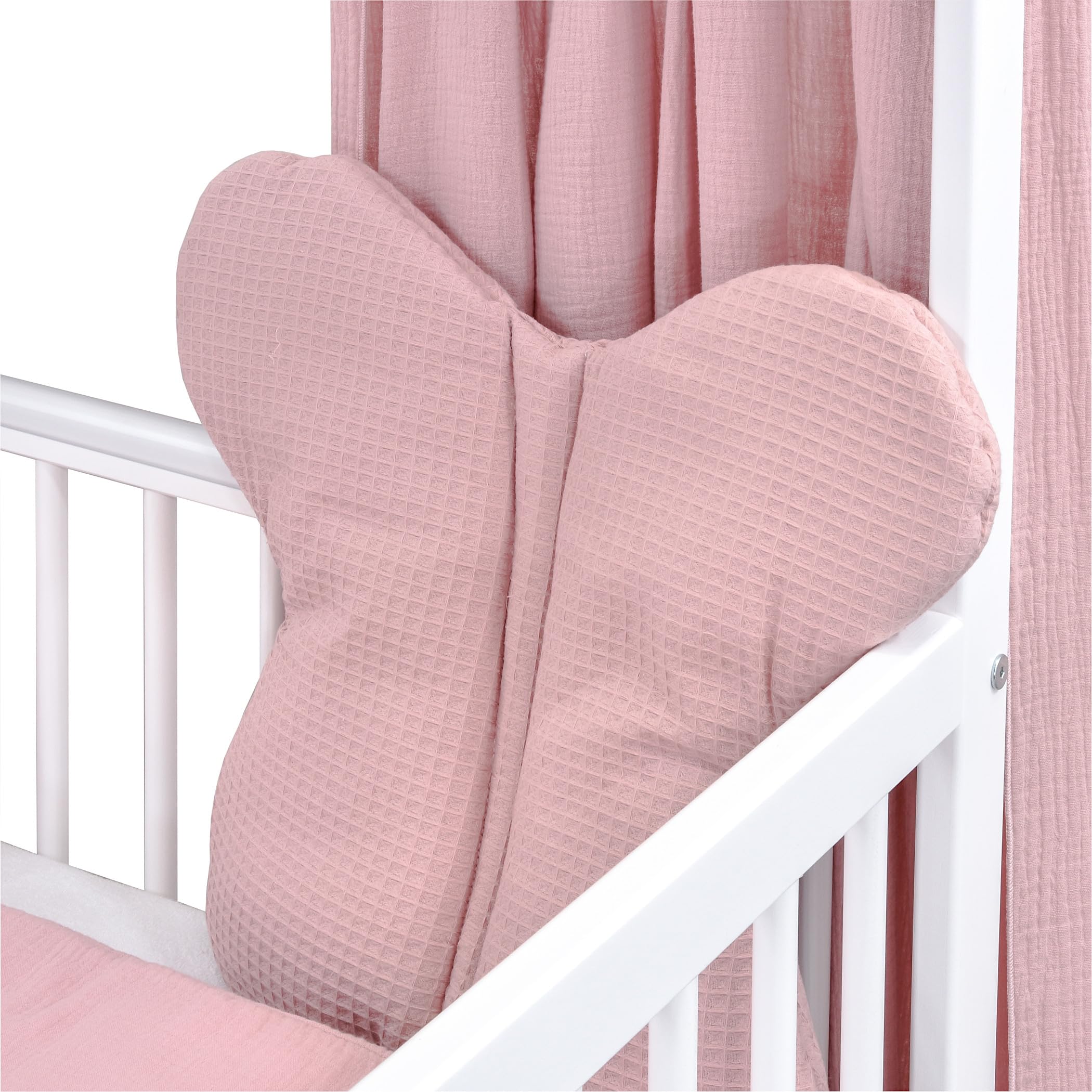 Generisch Baby Delux Babybett Komplett Set Hausbett 60x120 cm weiß Rausfallschutz Kinderbett Matratze Bettwäsche Deko Set (Musselin Himmel, Rosa Musselin Waffelpique)