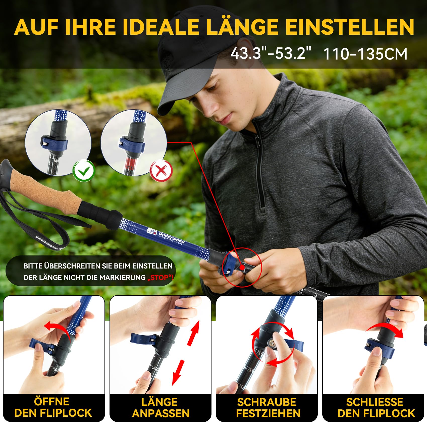UnderwoodAggregator Carbon Trekkingstöcke – 2 Stück, teleskopierbar, verstellbar, mit Korkgriffen und Schnellverschluss – ideal für Damen, Herren, Rucksackreisen und Trailrunning