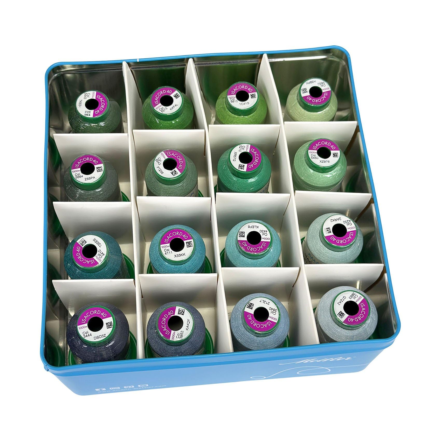 Amann Garnbox gefüllt mit 16 Konen Amann Isacord-Maschinen-Stickgarn (je 1000m) (grün/blau/aqua/türkis) 0,005€/m