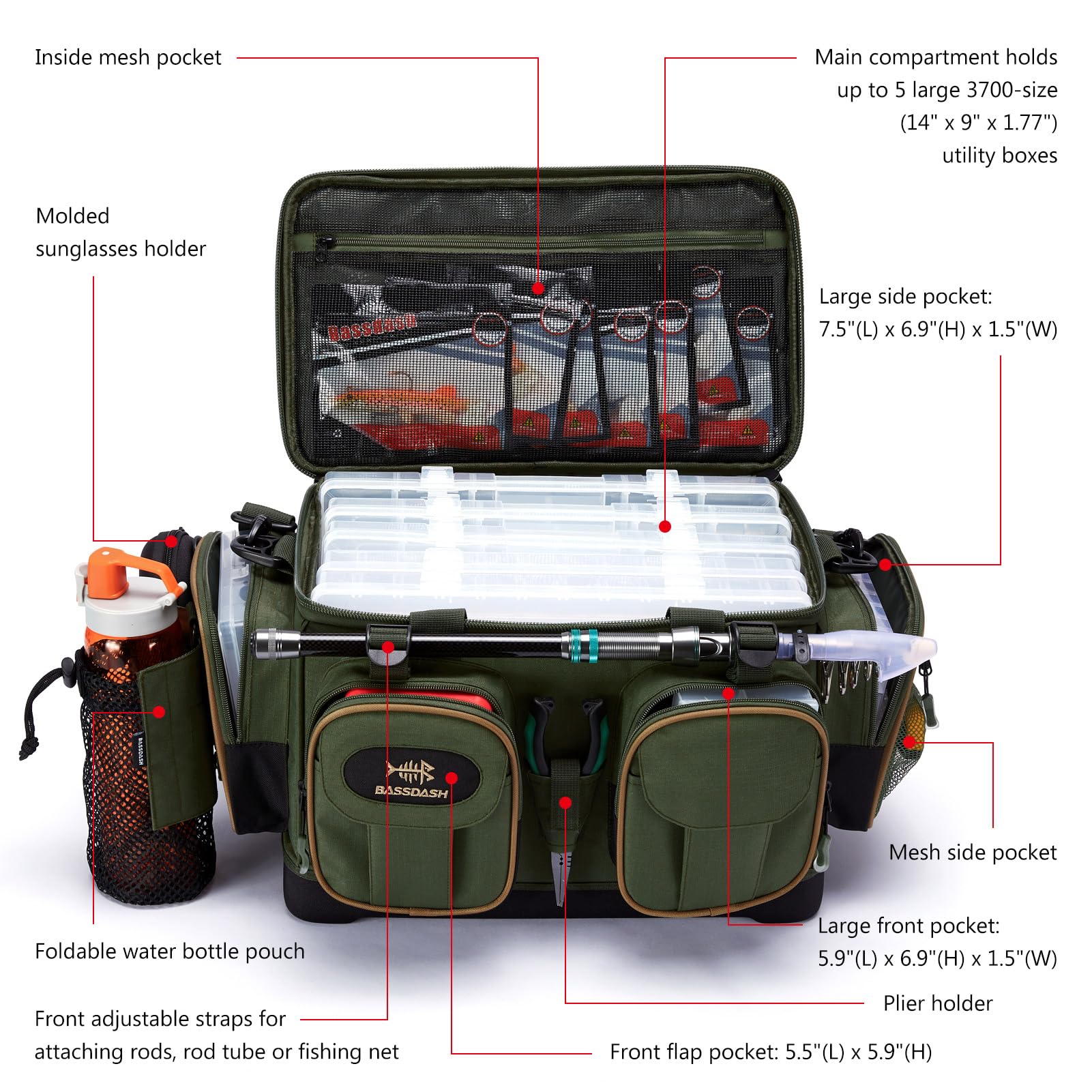 Bassdash Borsa per Attrezzatura da Pesca,Borsa da Pesca,Impermeabile，con Copertura Antipioggia Inferiore Rigida Modellata