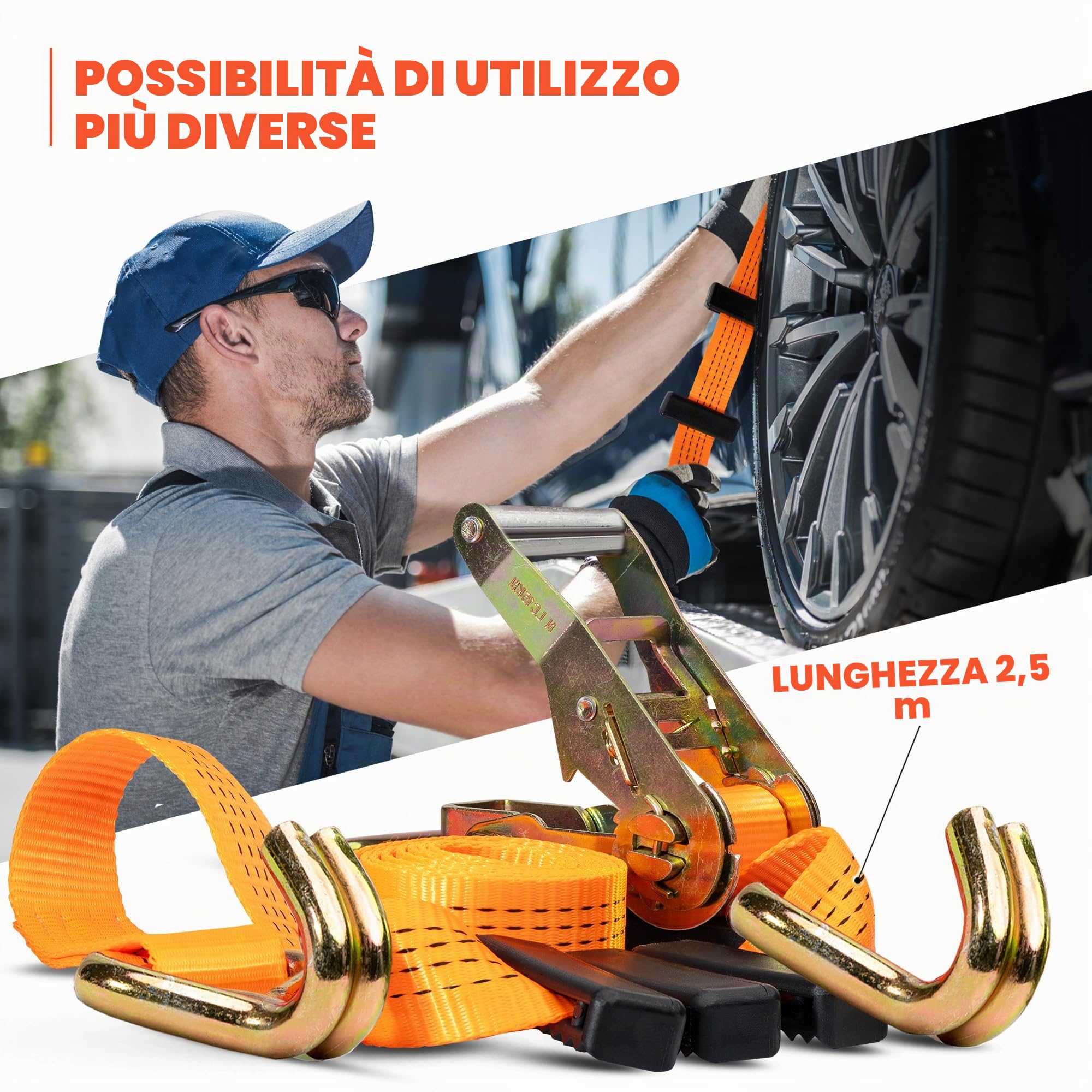 4 pezzi | Cinghia di fissaggio per il trasporto auto | Larghezza 50 mm | 2,70 metri | 4000 kg | Cinghia di fissaggio | Fissaggio ruote | Auto | Cinghia per pneumatici | Auto | Rimorchio