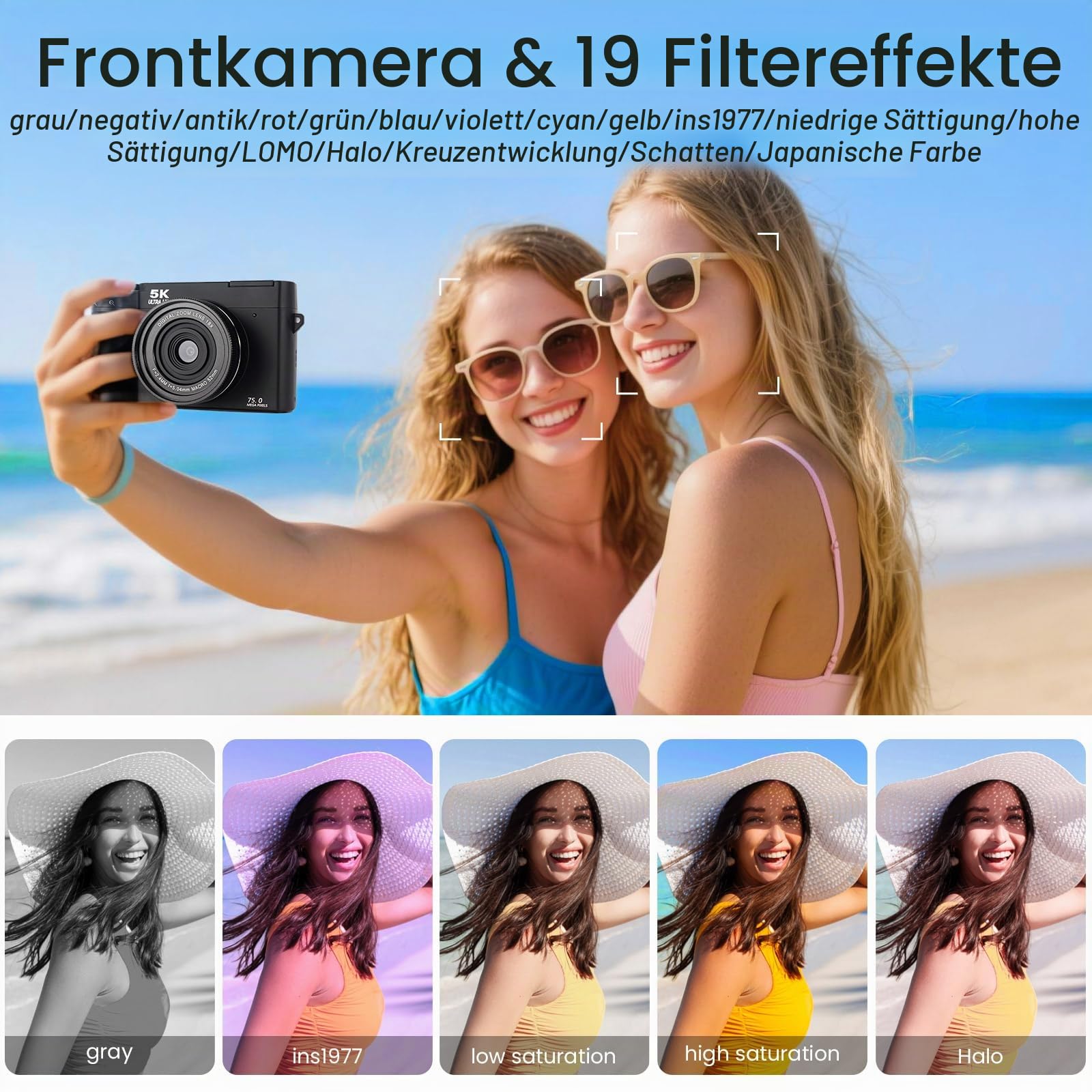 LAMA Digitalkamera 5K 75MP Dual Lens Digitalkamera, Autofokus Vlogging Kamera mit 32G SD-Karte, Kompaktkameras mit 3,0-Zoll-Bildschirm, 18X Digitalzoom Kameras Fotokamera für Anfänger, Schwarz