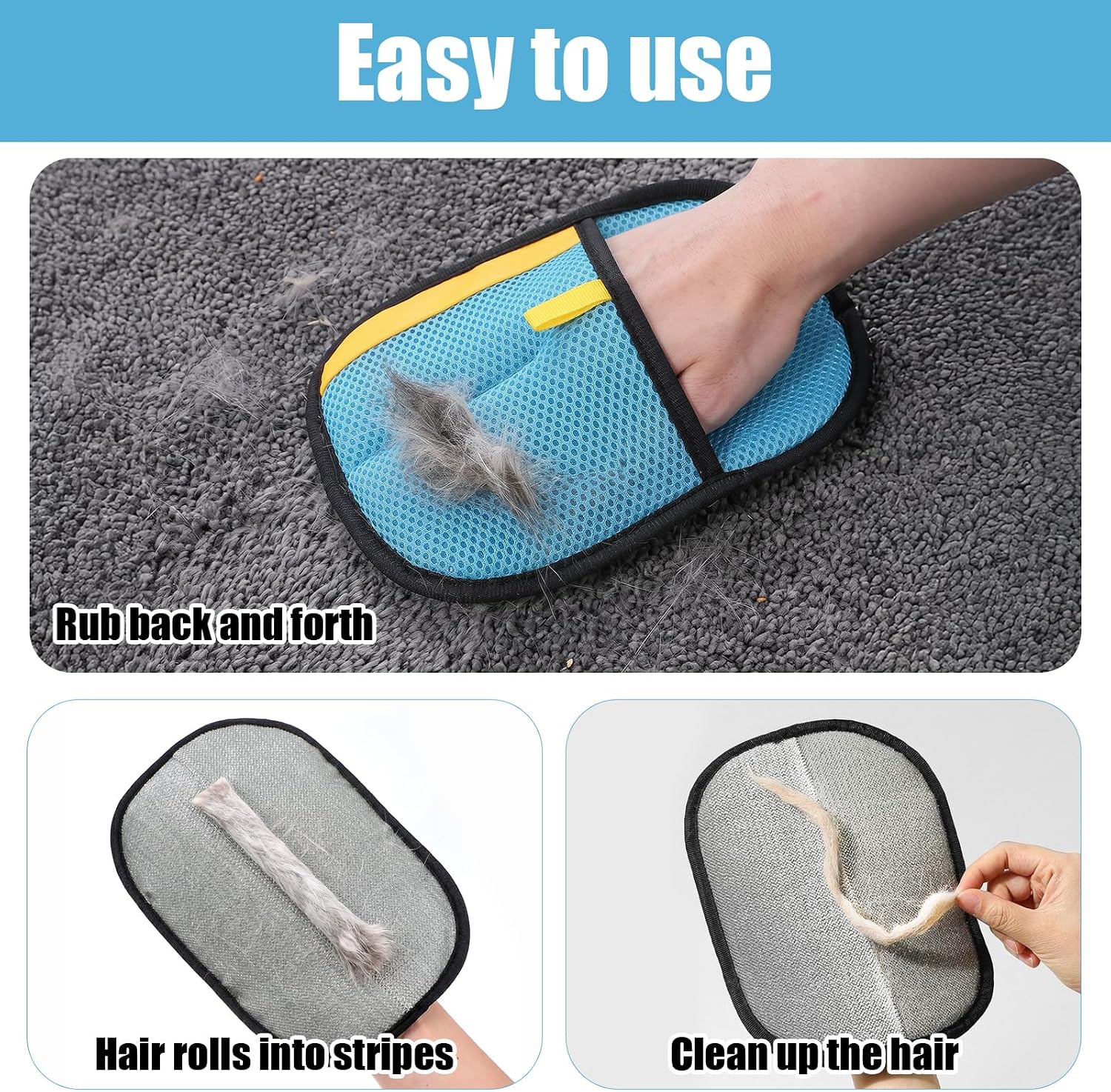 6 Pcs Pet Hair Remover Glove for Cats Dogs Upgraded Bidirectional Brush Fibers Reusable Pet Hair Remover for Couch Carpet Car Seat Clothing Blue