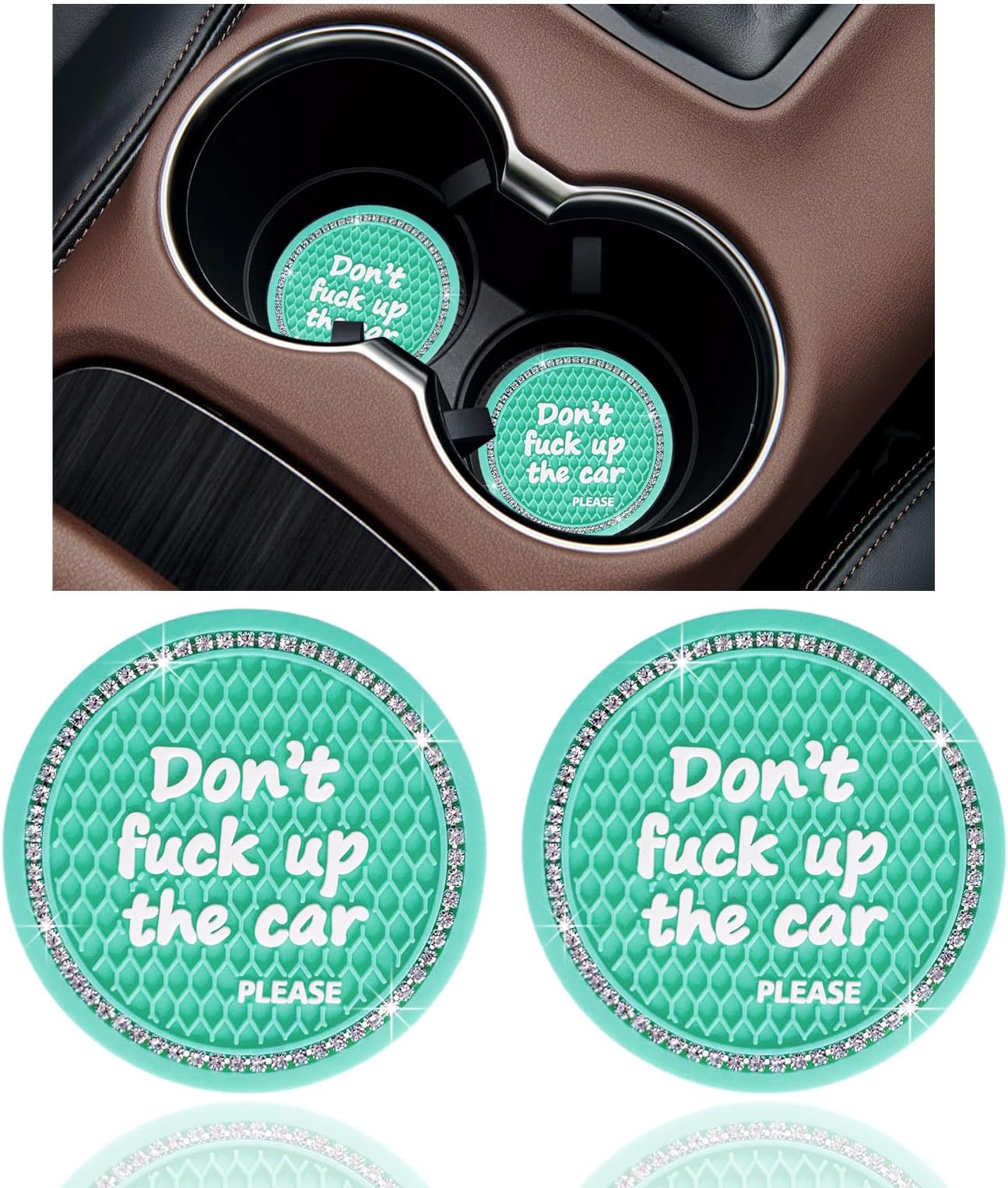Ziciner 2 Pack Bling Car Cup Holder Coaster, 2.75 Inch Anti-Slip Auto Insert Cup Coaster, Crystal Car Drink Cup Mat Perfect for Women Girls, Universal Interior Decor Accessories (Mint Green)