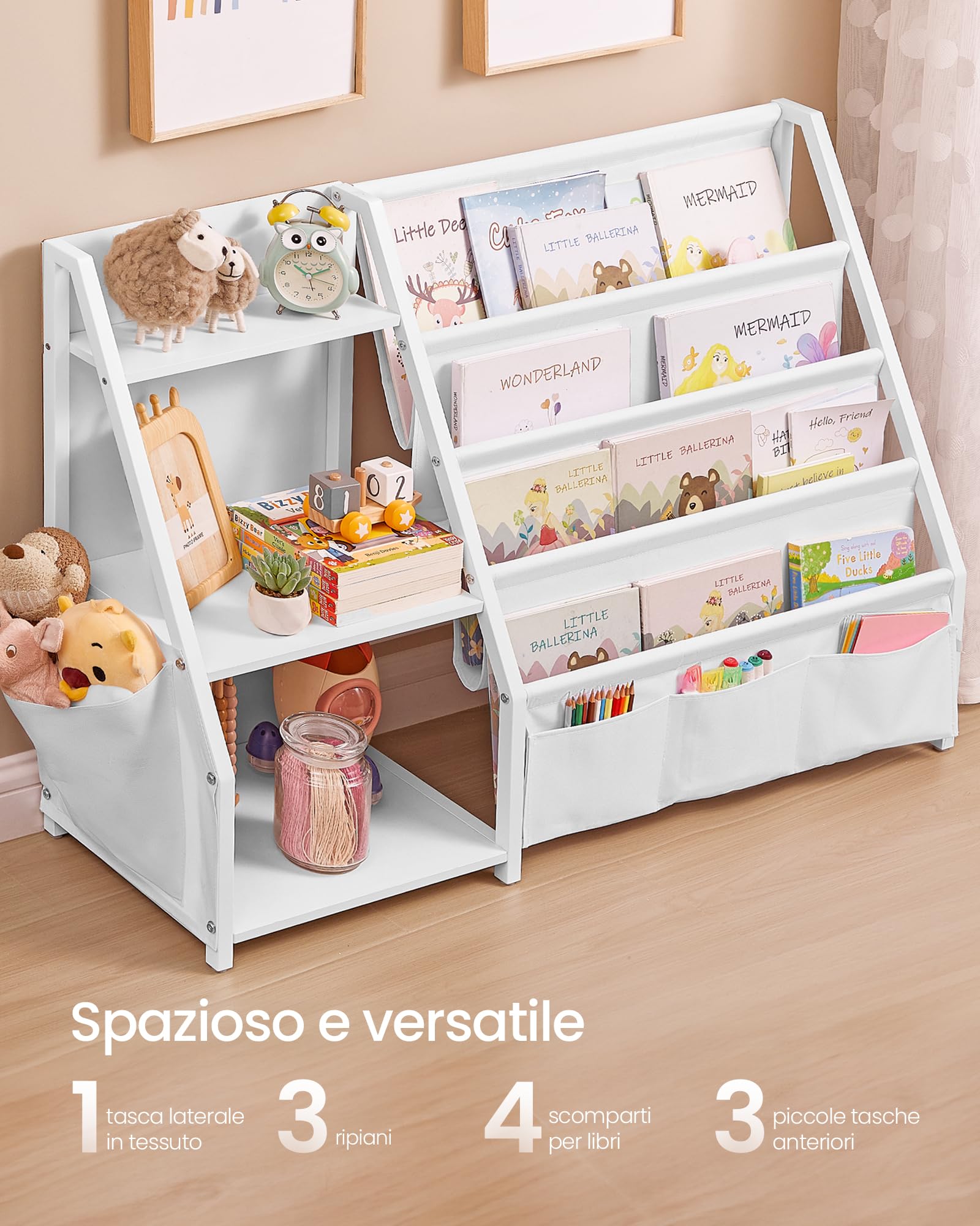 SONGMICS Libreria per Bambini, Scaffale per Giocattoli, Mobile Cameretta, Portagiochi, con Tasca Laterale, Alto 75 cm, Cameretta per Bambini, Stanza dei Giochi, Bianco GKR024W01