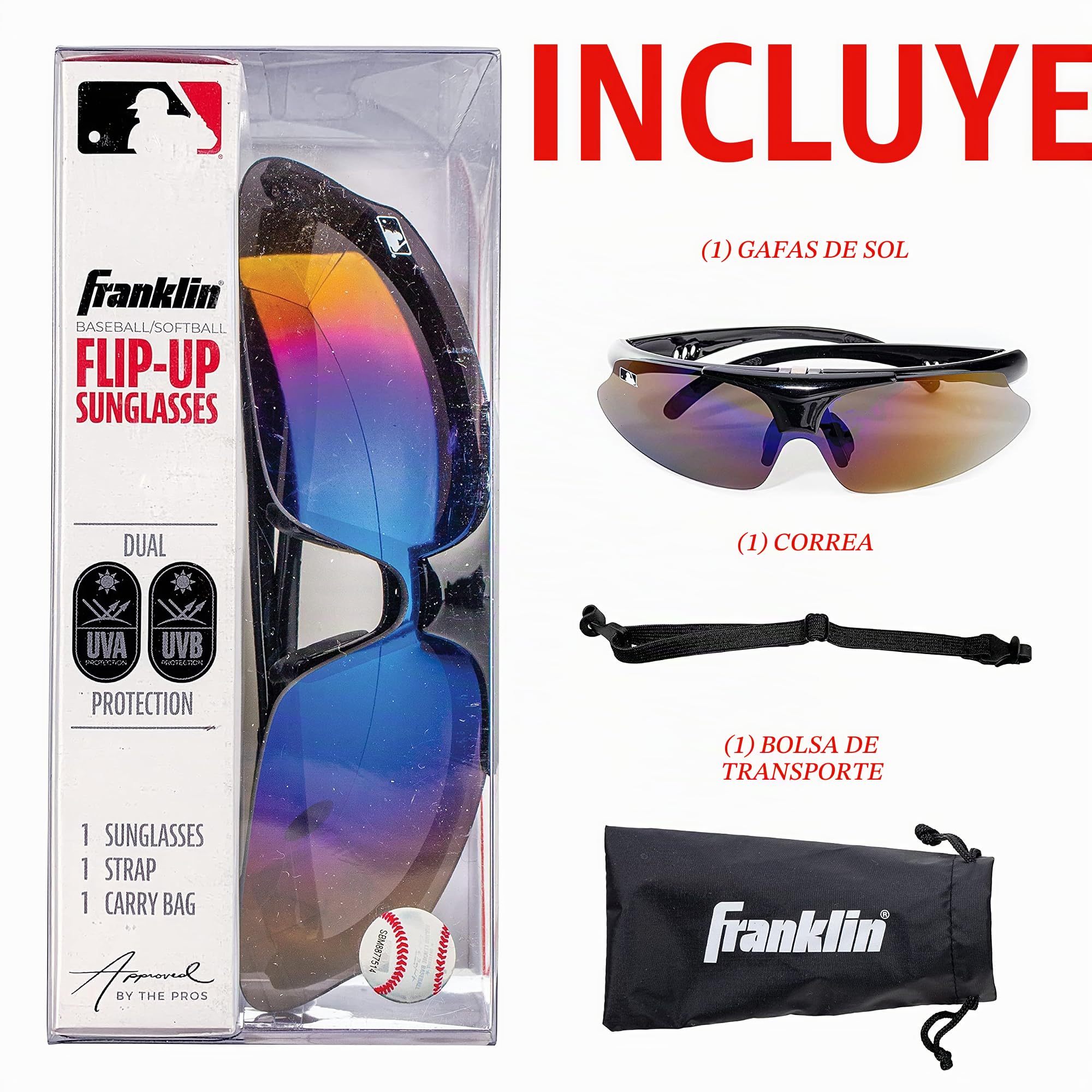 Franklin Sports MLB - Gafas de sol de béisbol y sóftbol para niños y adultos - Gafas de sol deportivas ligeras para protección UV, color negro