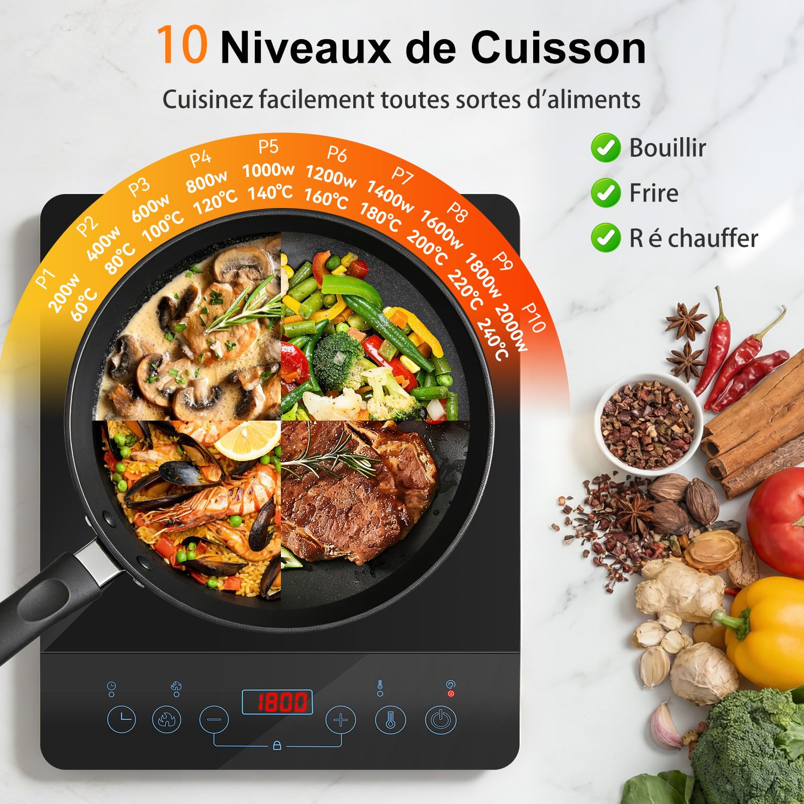 Aigostar Plaque à induction portable 2000W | Design Ultra-Mince + 10 Niveaux (60-240°C) | Minuterie 180 Min | Écran Tactile LED | Verrouillage Enfants et Protection Surchauffe Noir
